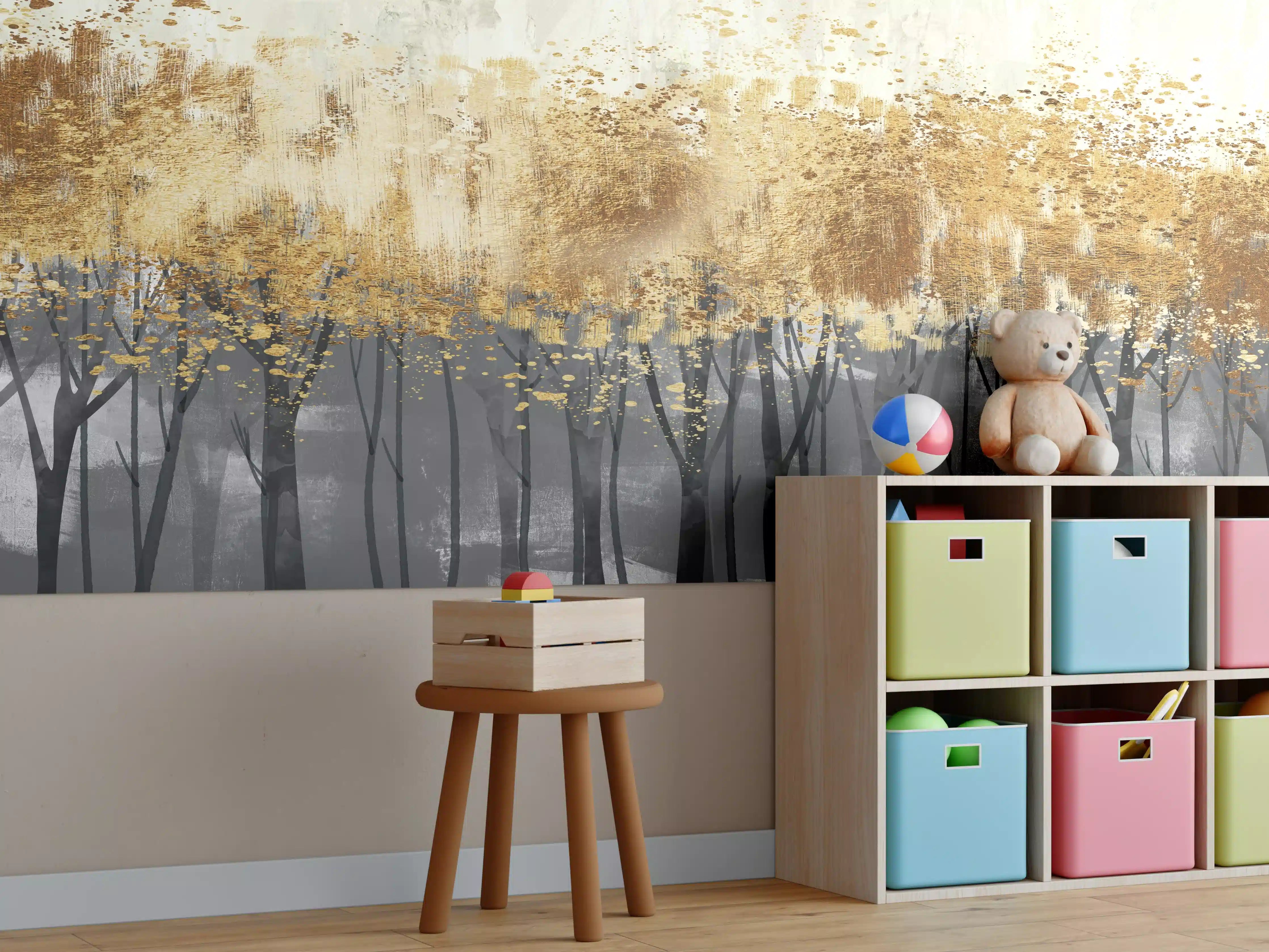 Kinderzimmer Wandgestaltung - Sanfte Baumlandschaft mit Goldakzenten