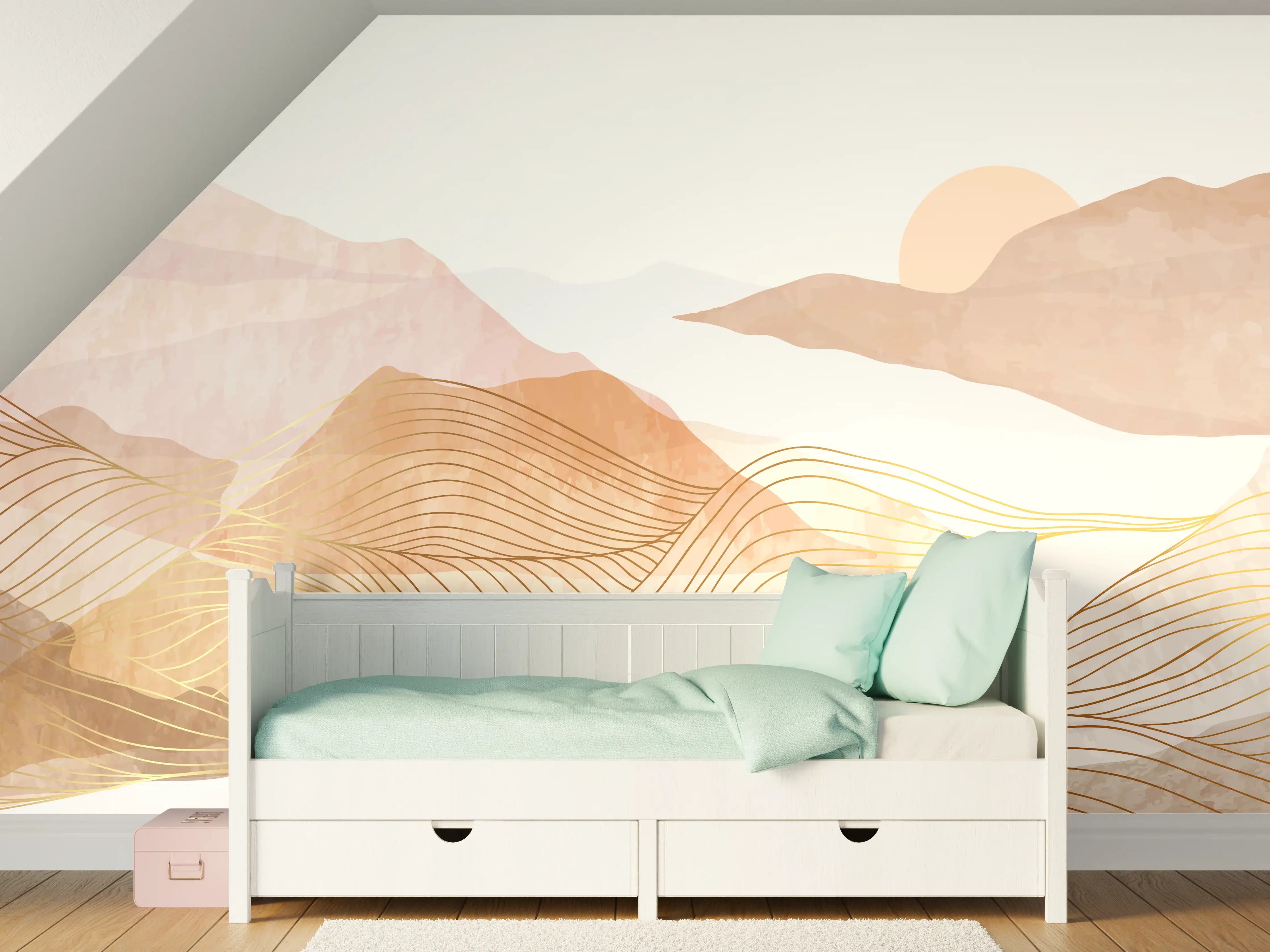 Kinderzimmer Wandgestaltung - Sanfte Bergkulisse in zarten Grautönen