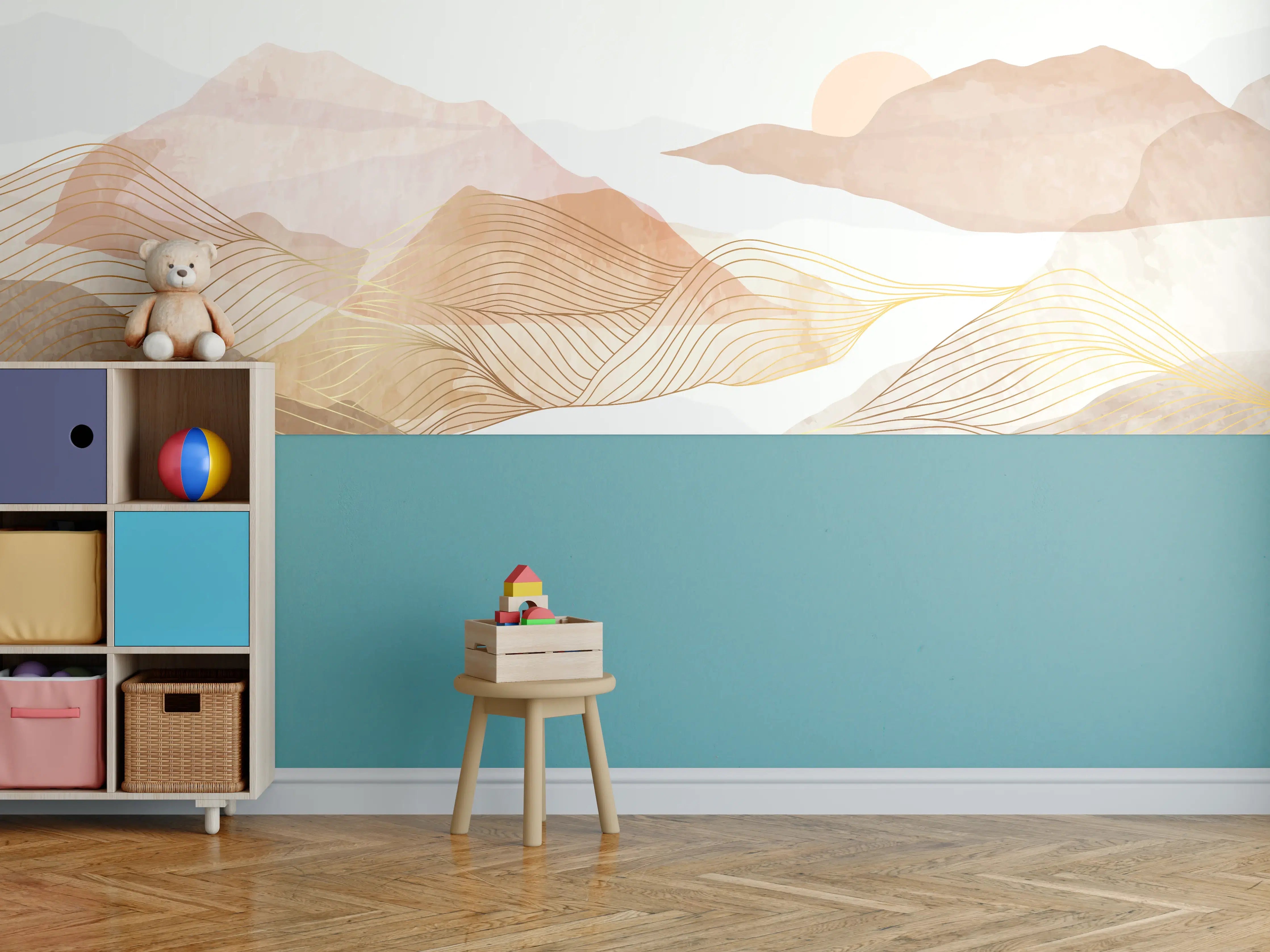 Kinderzimmer Wandgestaltung - Sanfte Bergkulisse in zarten Grautönen