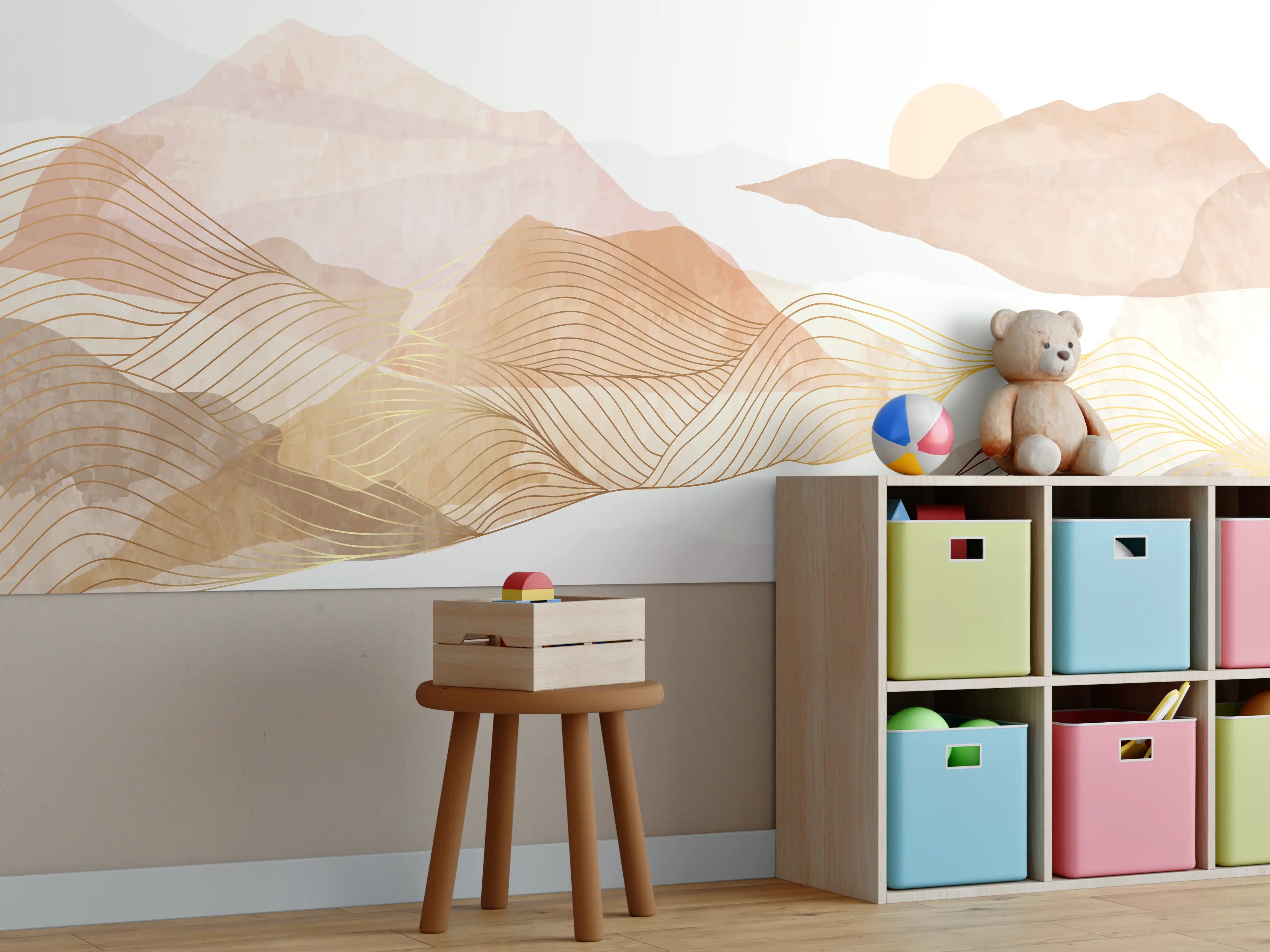 Kinderzimmer Wandgestaltung - Sanfte Bergkulisse in zarten Grautönen