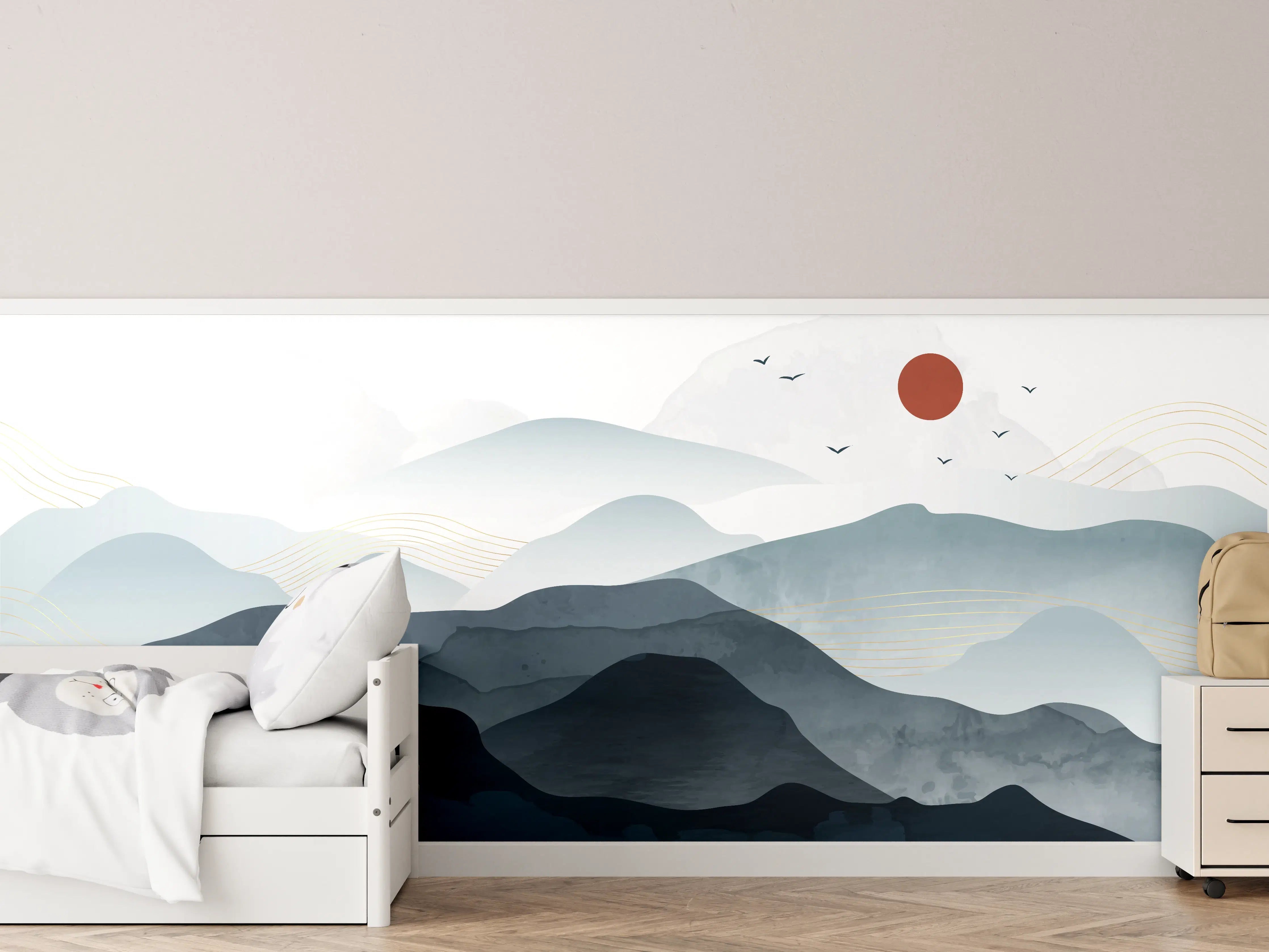 Kinderzimmer Wandgestaltung - Sanfte Berglandschaft mit Sonnenaufgang