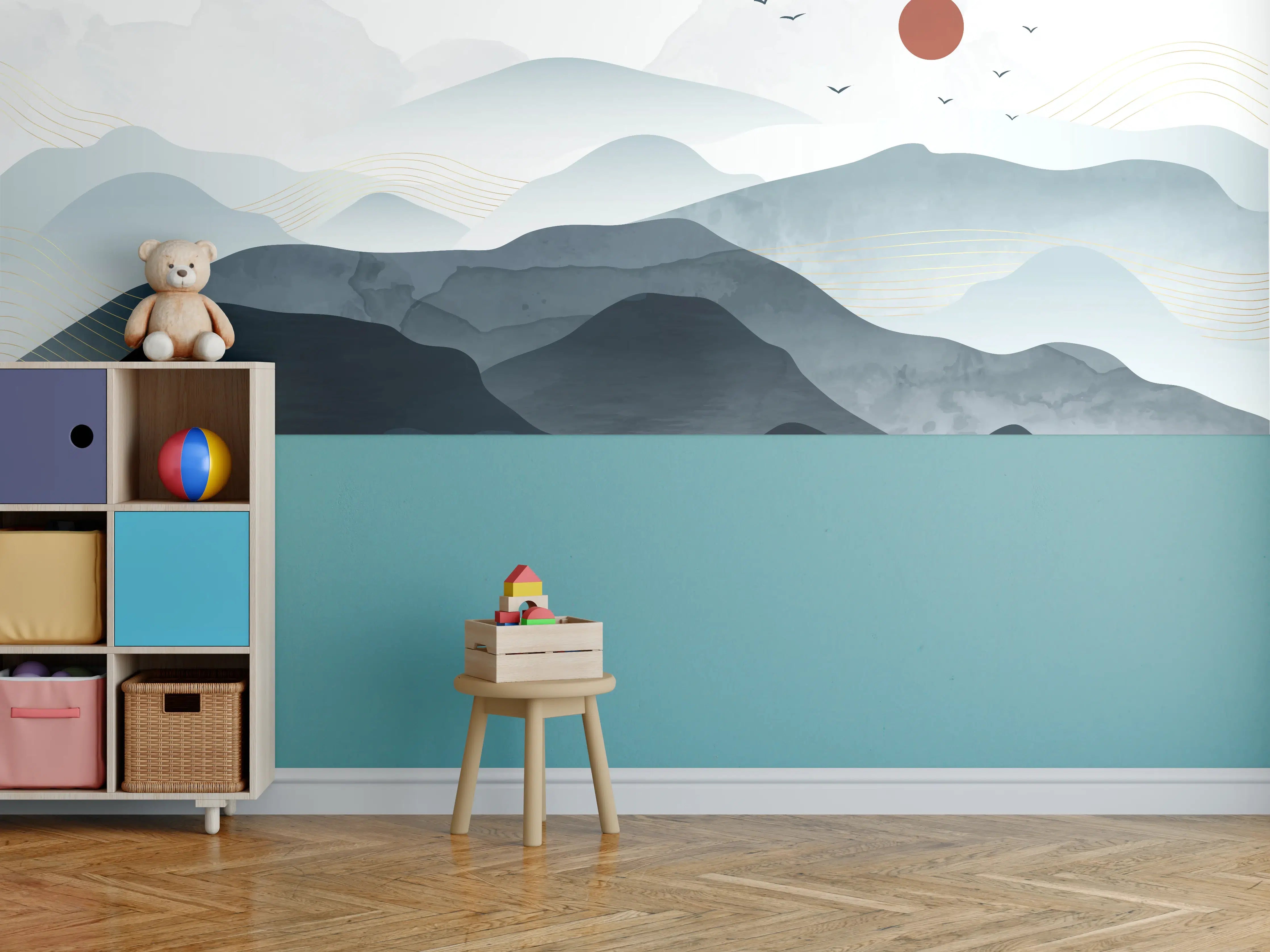 Kinderzimmer Wandgestaltung - Sanfte Berglandschaft mit Sonnenaufgang