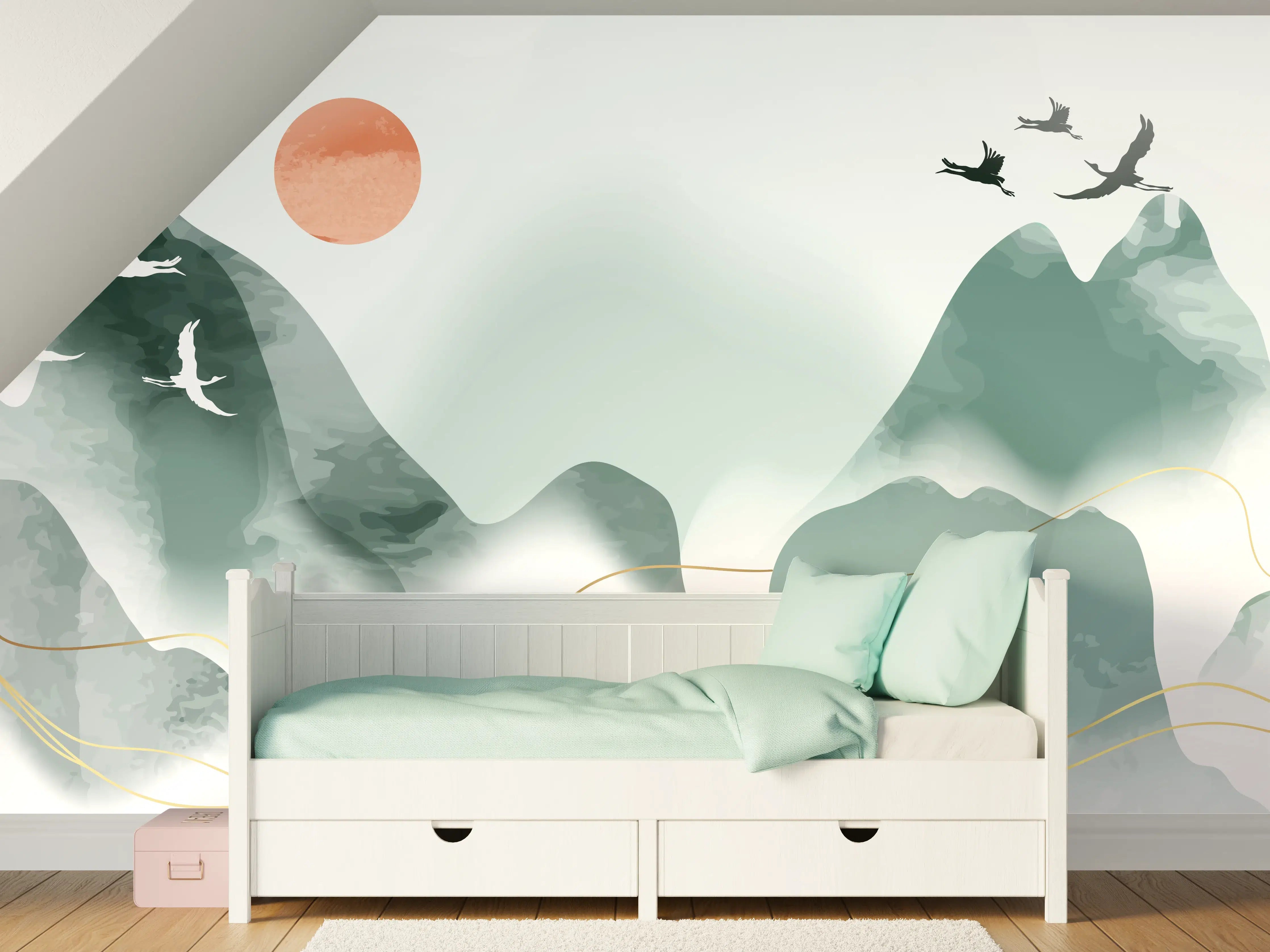 Kinderzimmer Wandgestaltung - Sanfte Berglandschaft mit fliegenden Vögeln