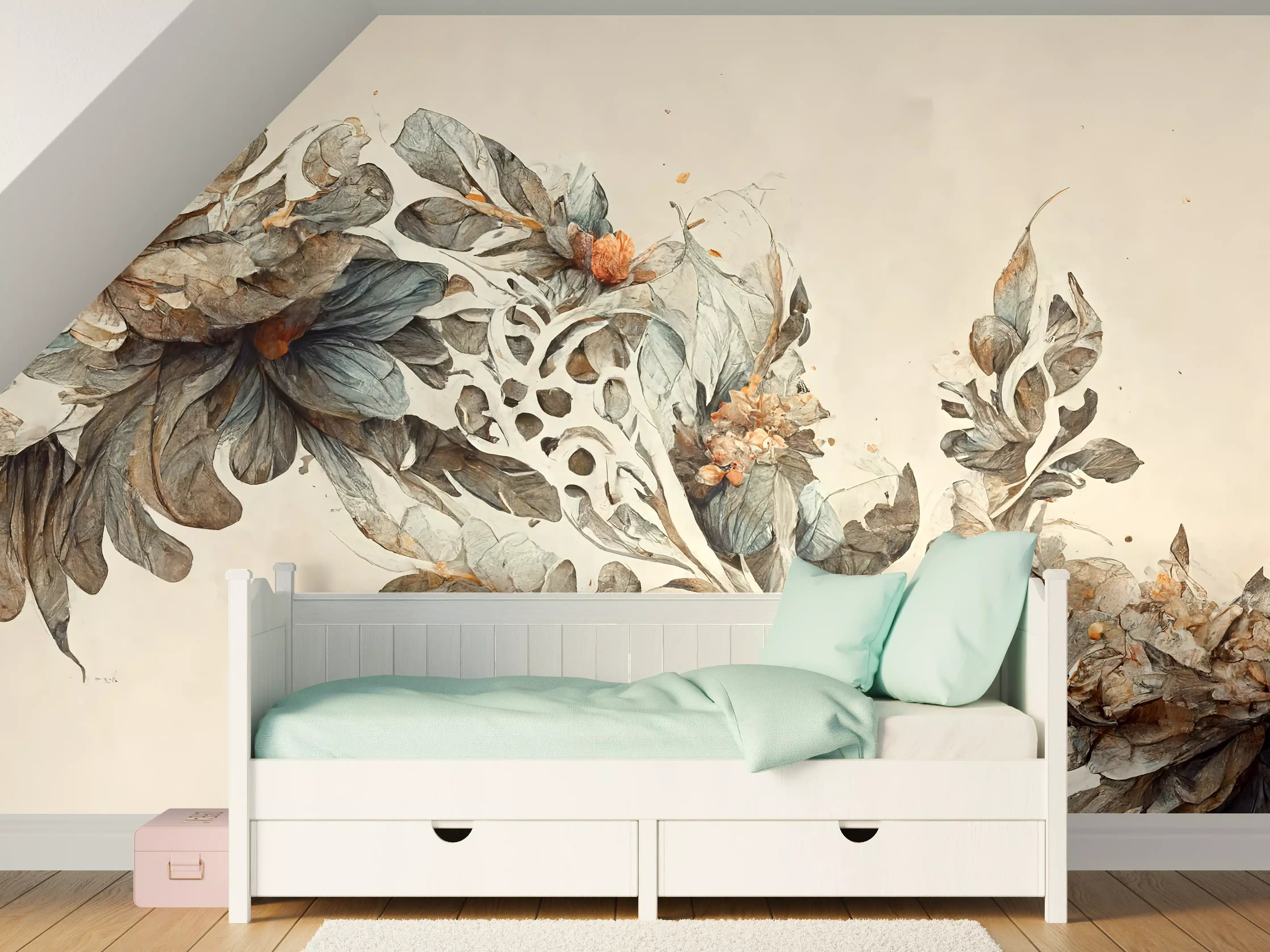 Kinderzimmer Wandgestaltung - Sanfte Blumen- und Blatt-Illustration in neutralen Tönen