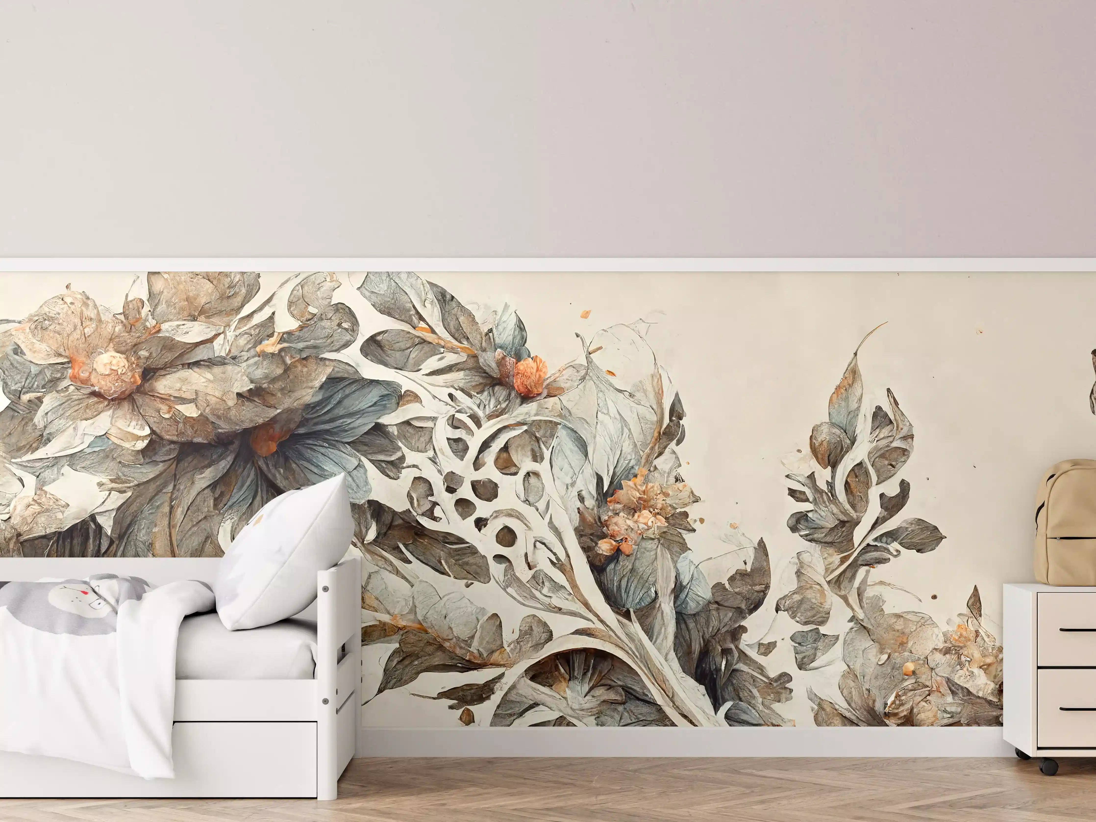 Kinderzimmer Wandgestaltung - Sanfte Blumen- und Blatt-Illustration in neutralen Tönen