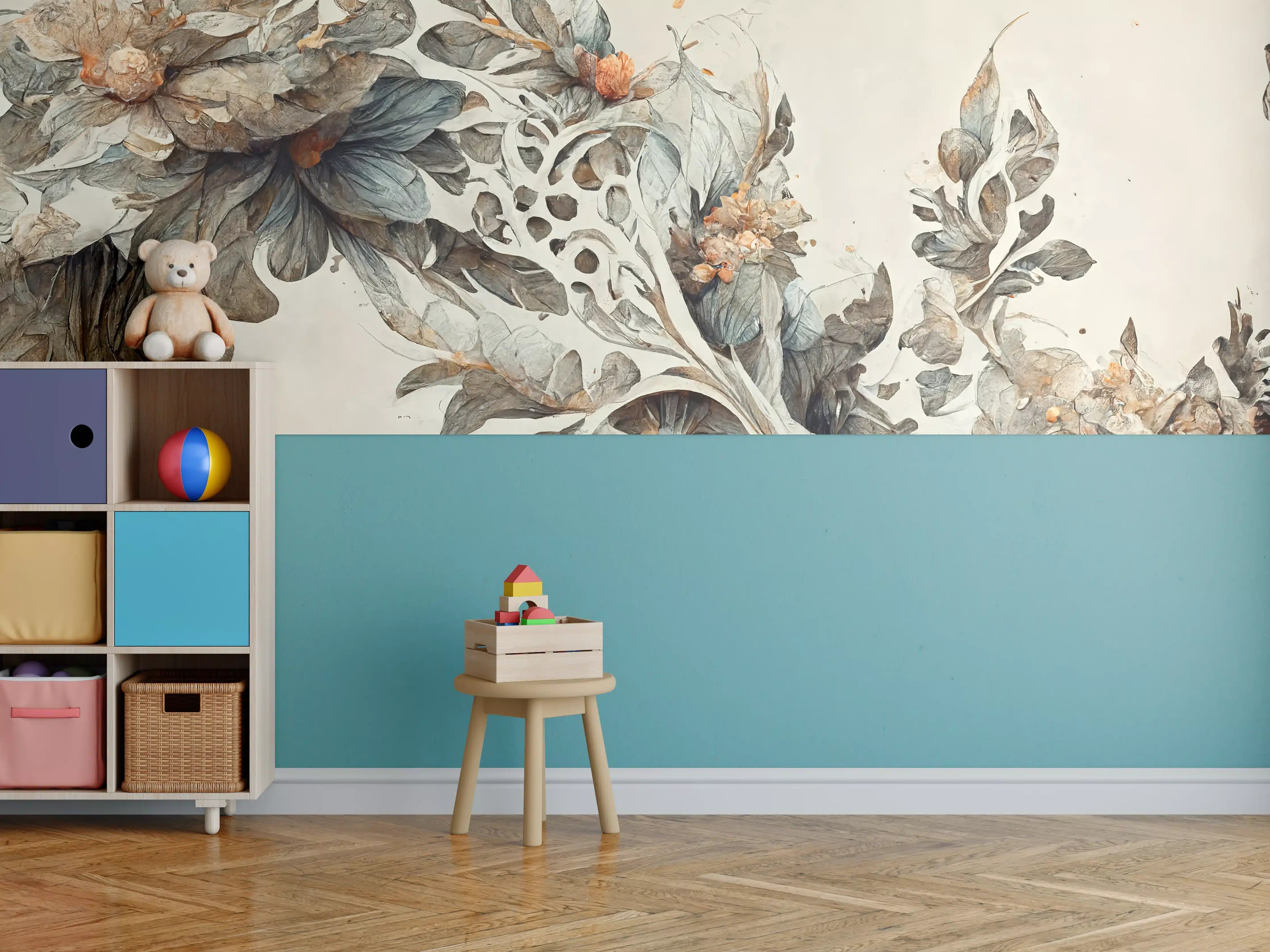 Kinderzimmer Wandgestaltung - Sanfte Blumen- und Blatt-Illustration in neutralen Tönen