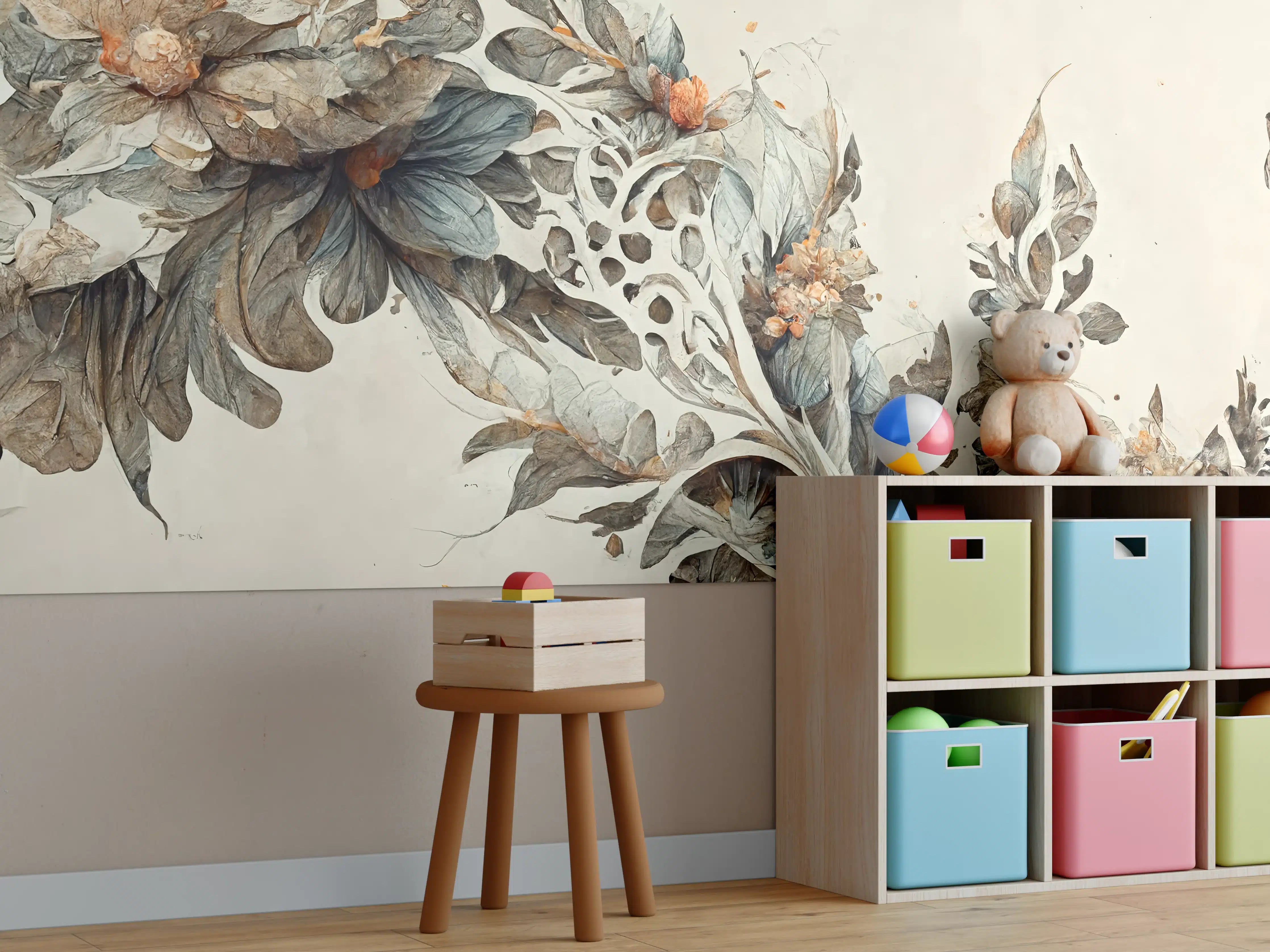 Kinderzimmer Wandgestaltung - Sanfte Blumen- und Blatt-Illustration in neutralen Tönen