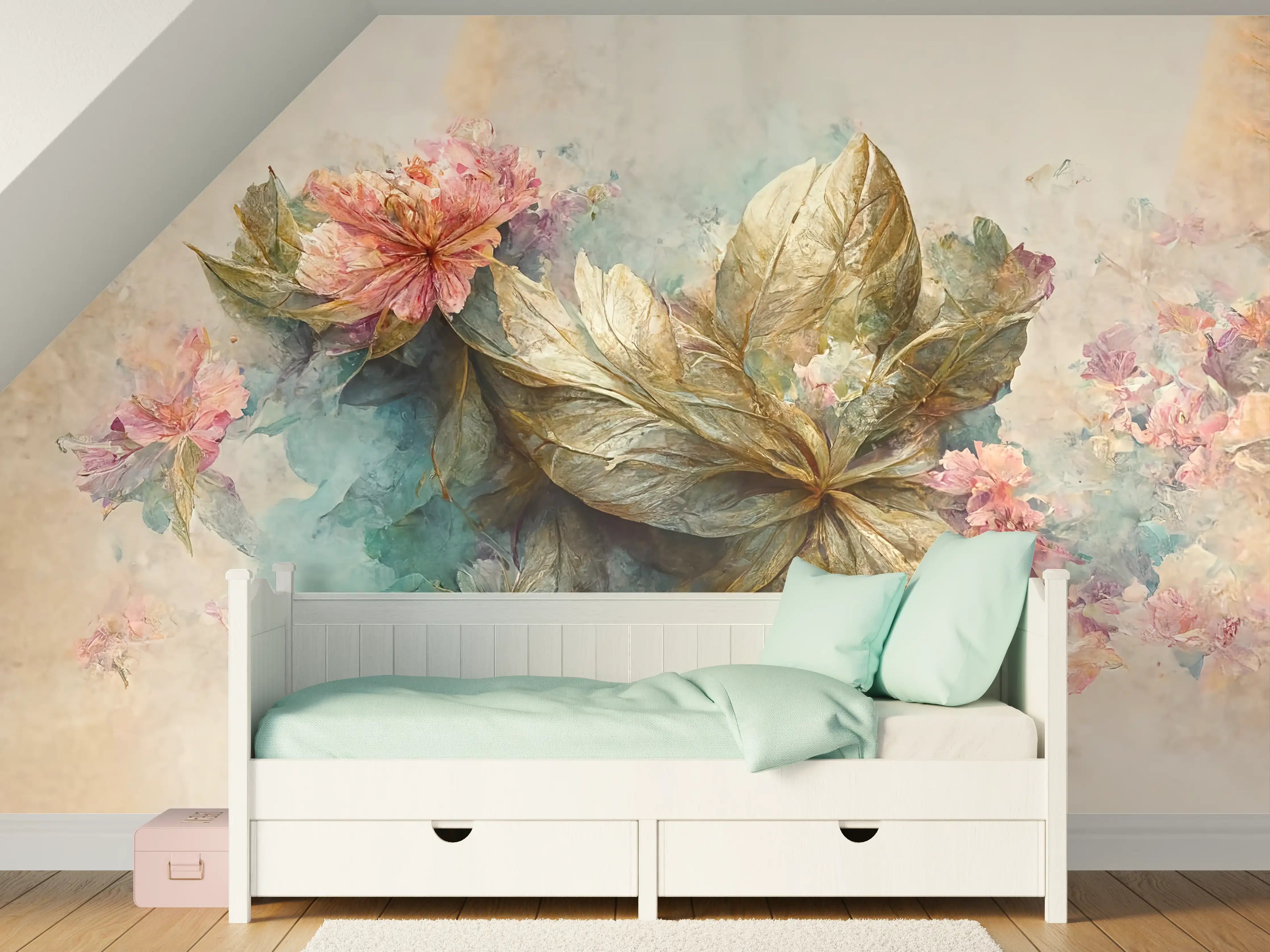 Kinderzimmer Wandgestaltung - Sanfte Blumen und Blätter im Wasserfarbenstil