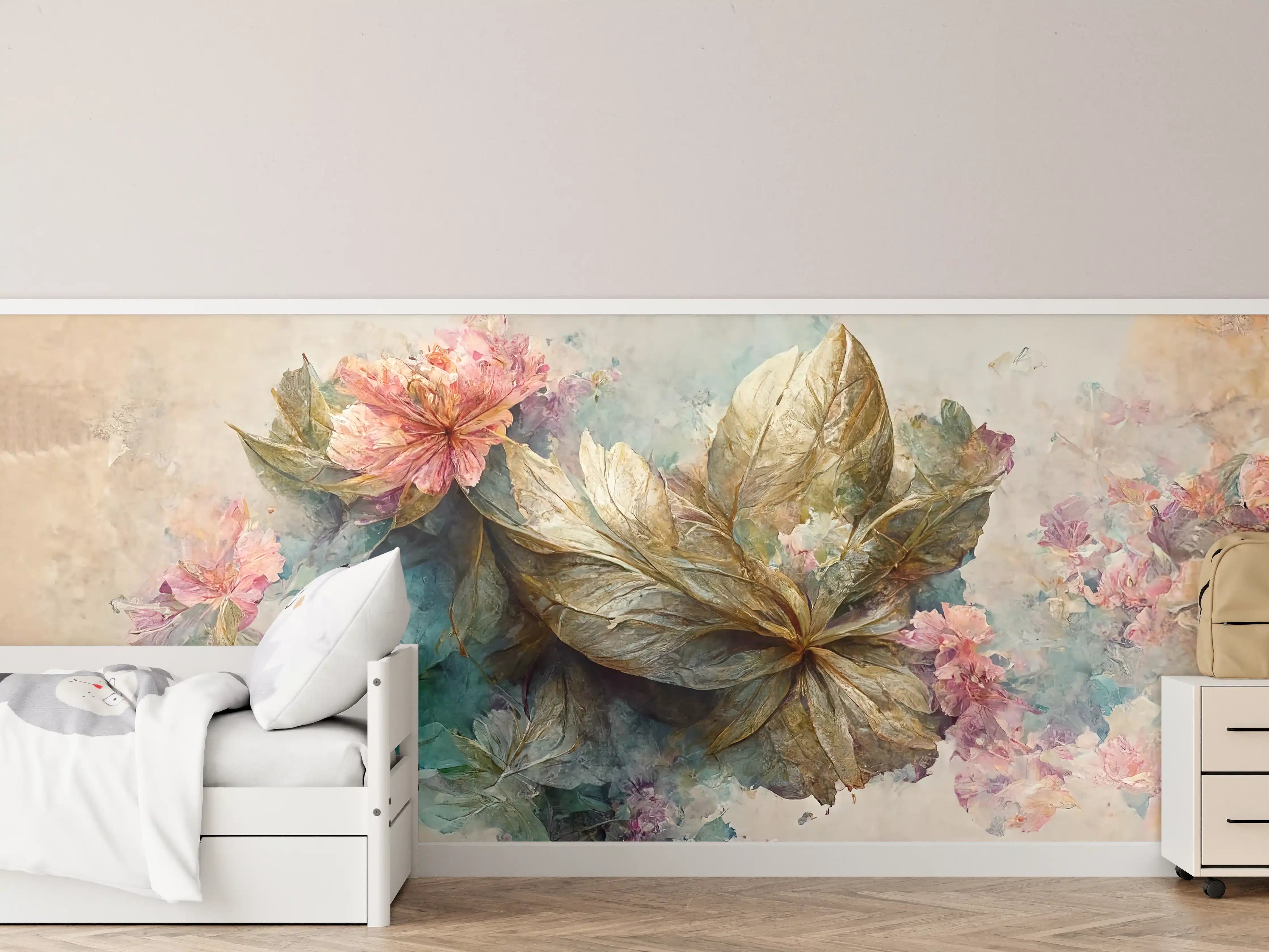 Kinderzimmer Wandgestaltung - Sanfte Blumen und Blätter im Wasserfarbenstil