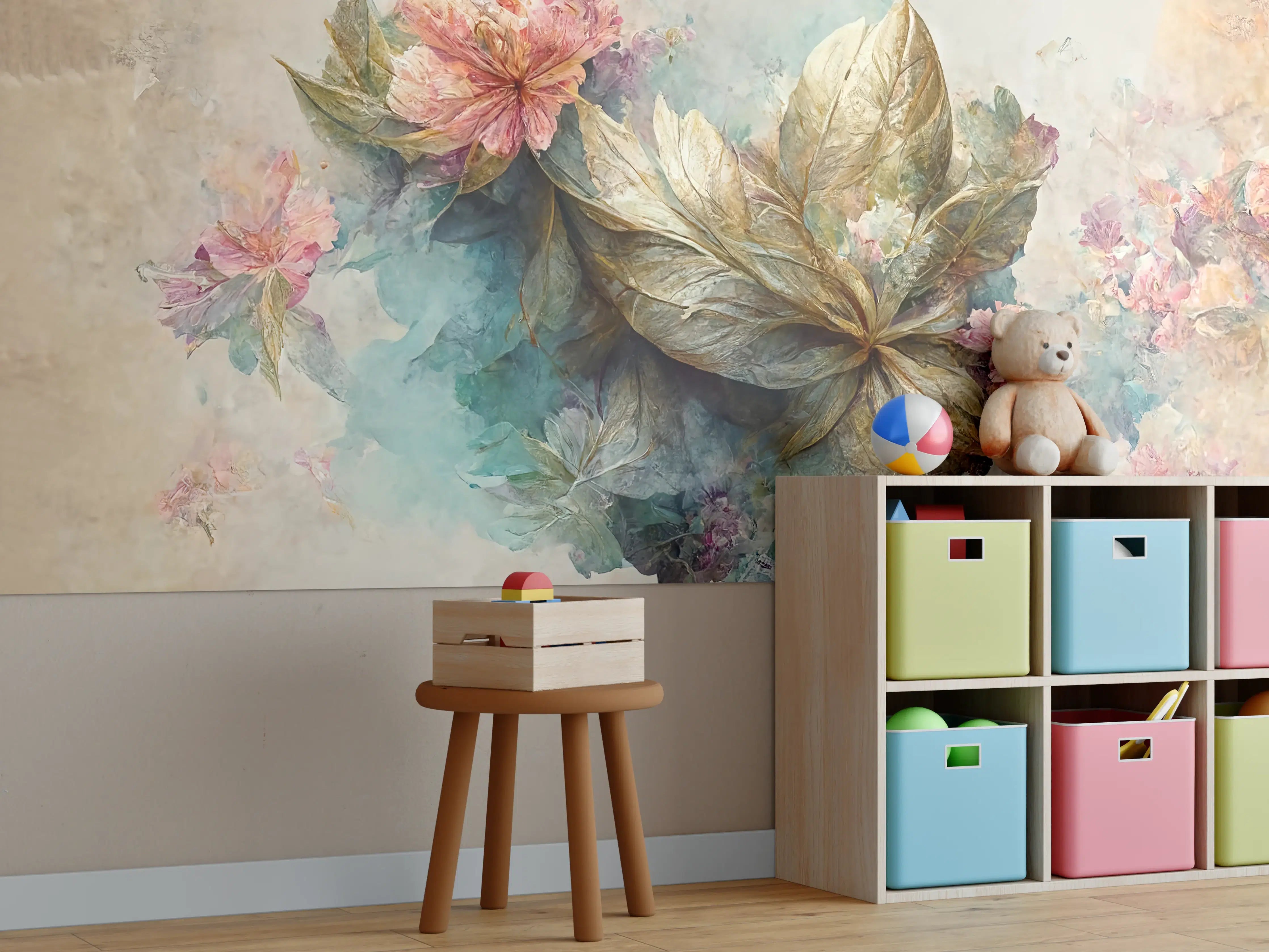 Kinderzimmer Wandgestaltung - Sanfte Blumen und Blätter im Wasserfarbenstil
