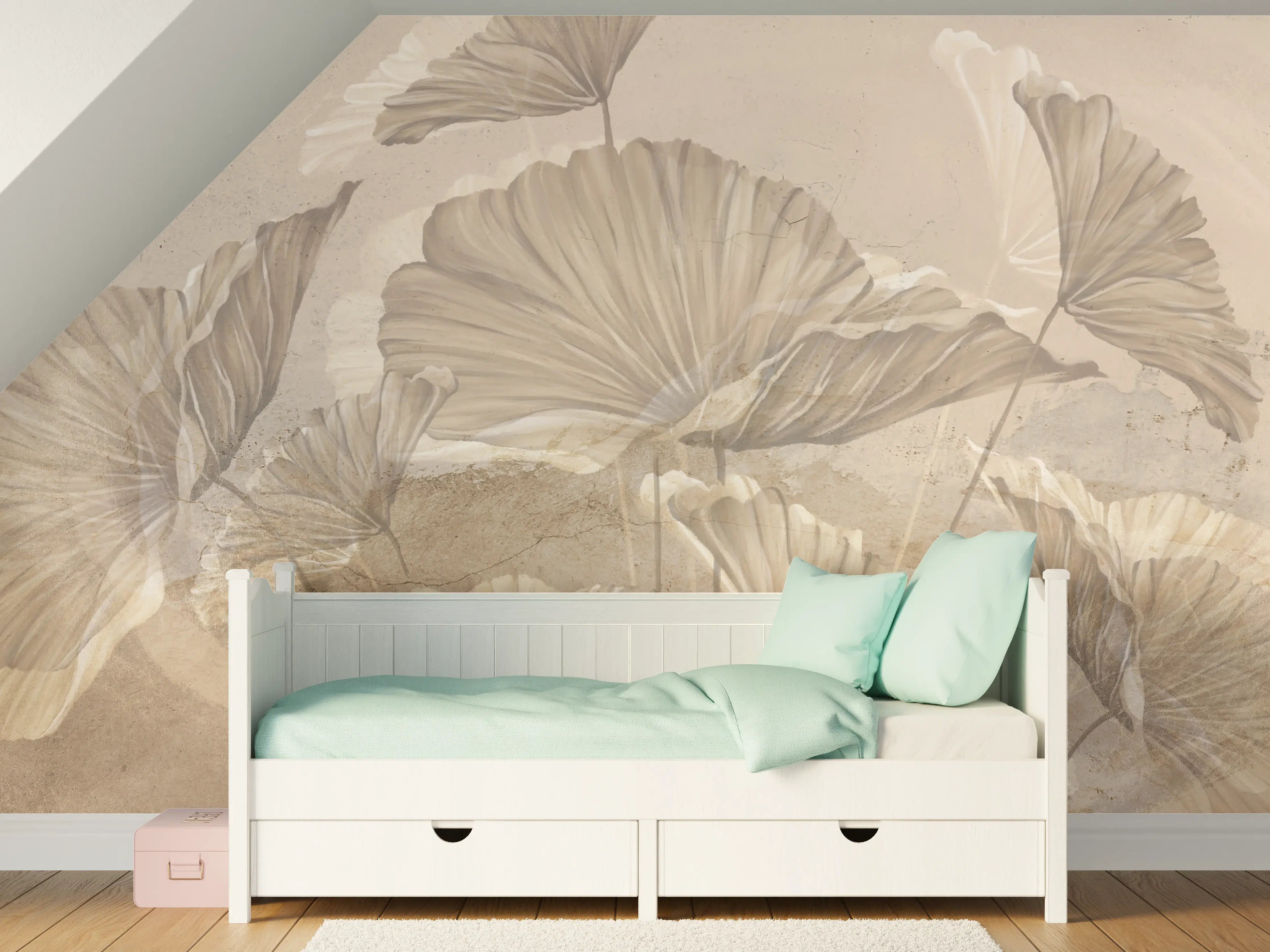 Kinderzimmer Wandgestaltung - Sanfte Ginkgo-Blätter in Beige