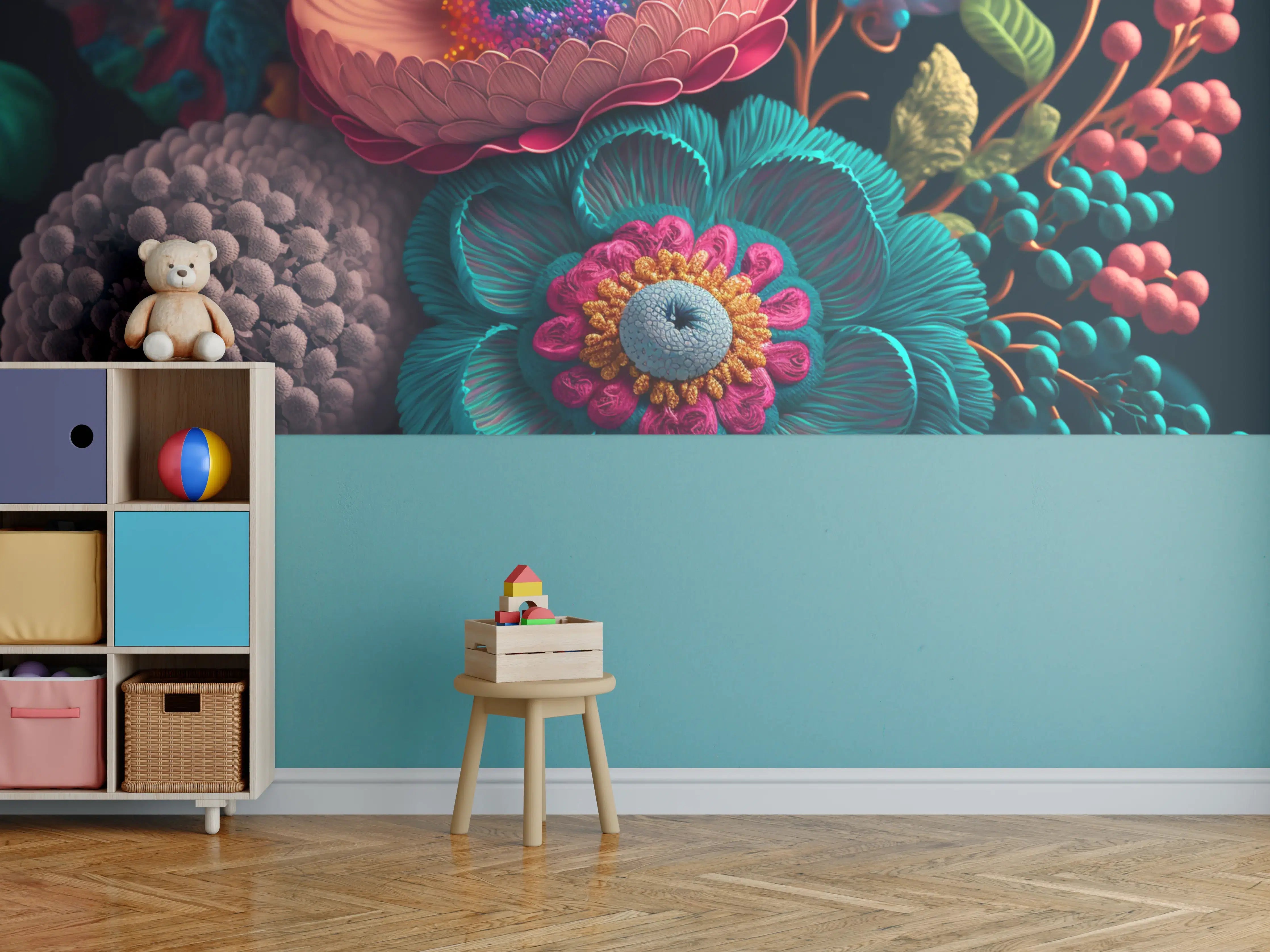 Kinderzimmer Wandgestaltung - Sanfte Grau-Blumen im Detail