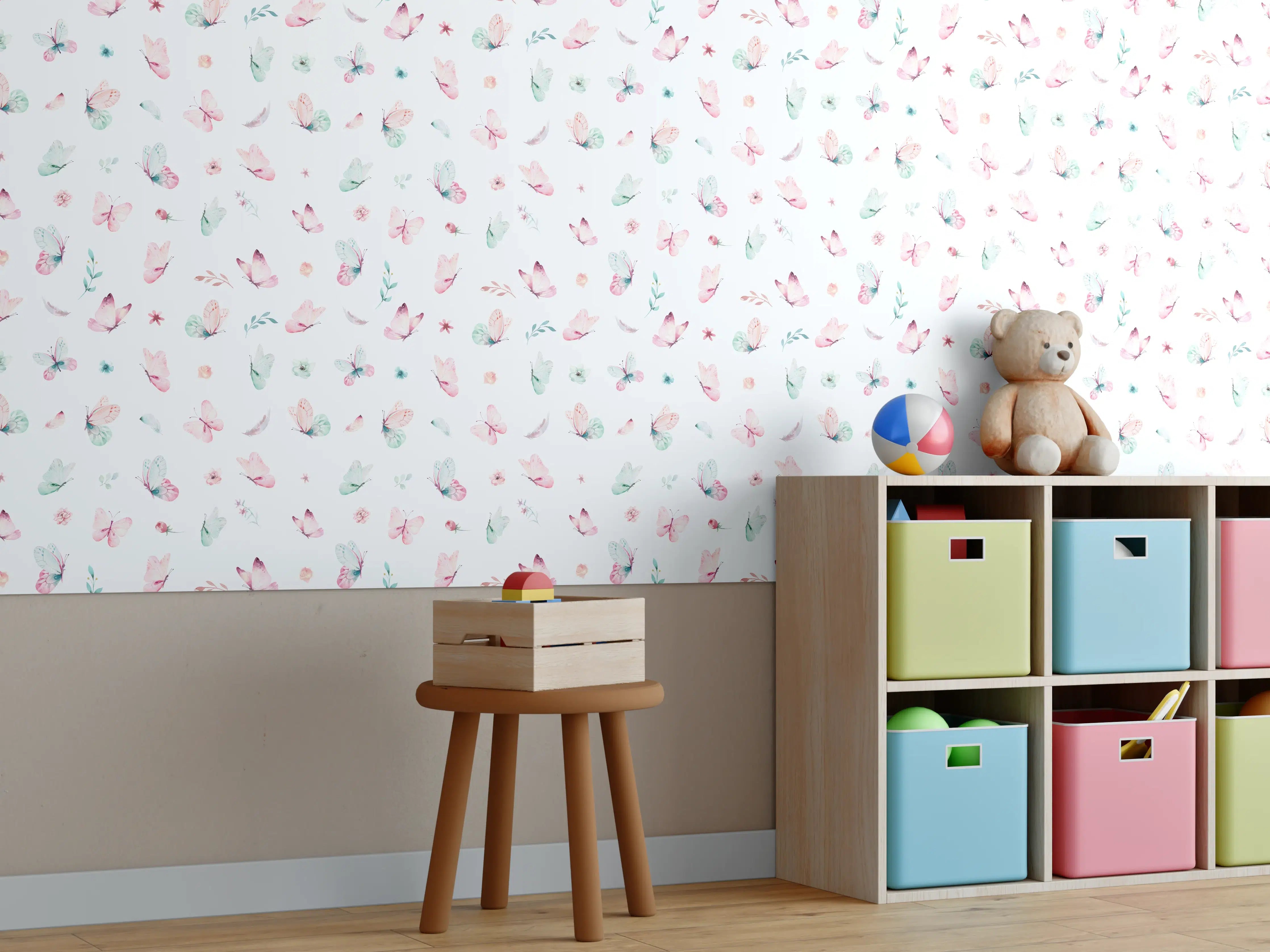 Kinderzimmer Wandgestaltung - Sanfte Grautöne mit Pastellblumen