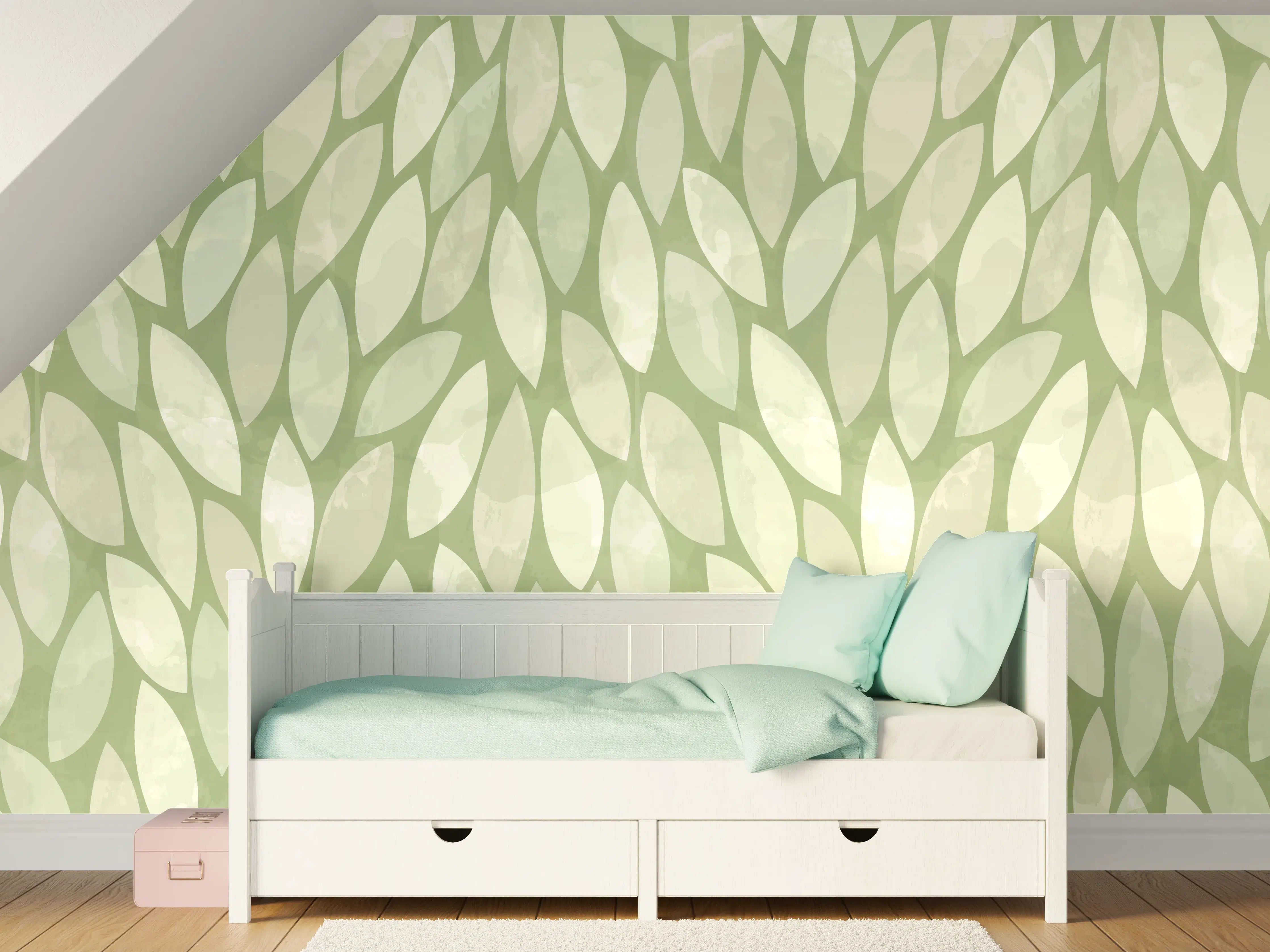 Kinderzimmer Wandgestaltung - Sanfte Grüne Blätter naturbelassenes Muster