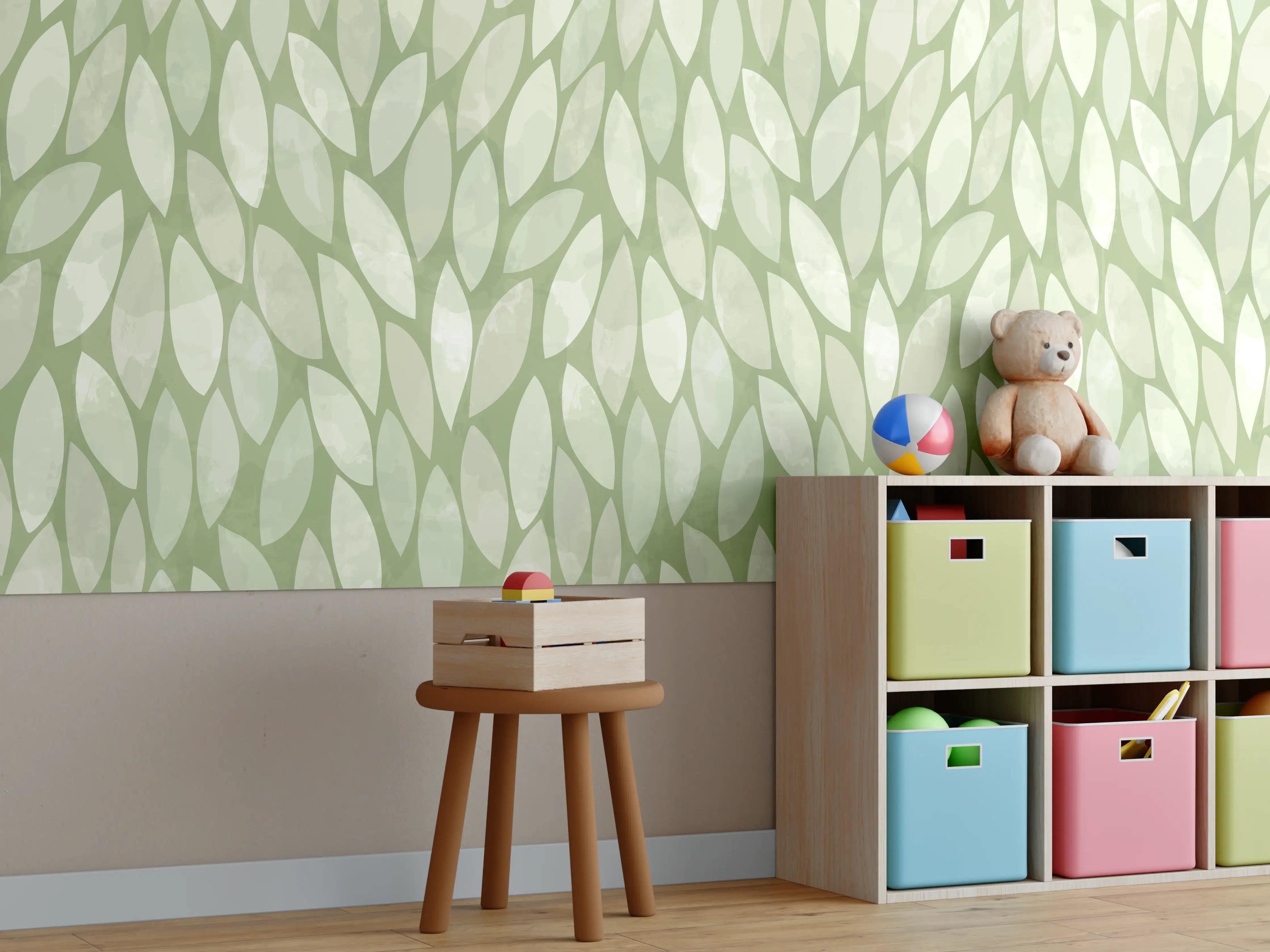 Kinderzimmer Wandgestaltung - Sanfte Grüne Blätter naturbelassenes Muster
