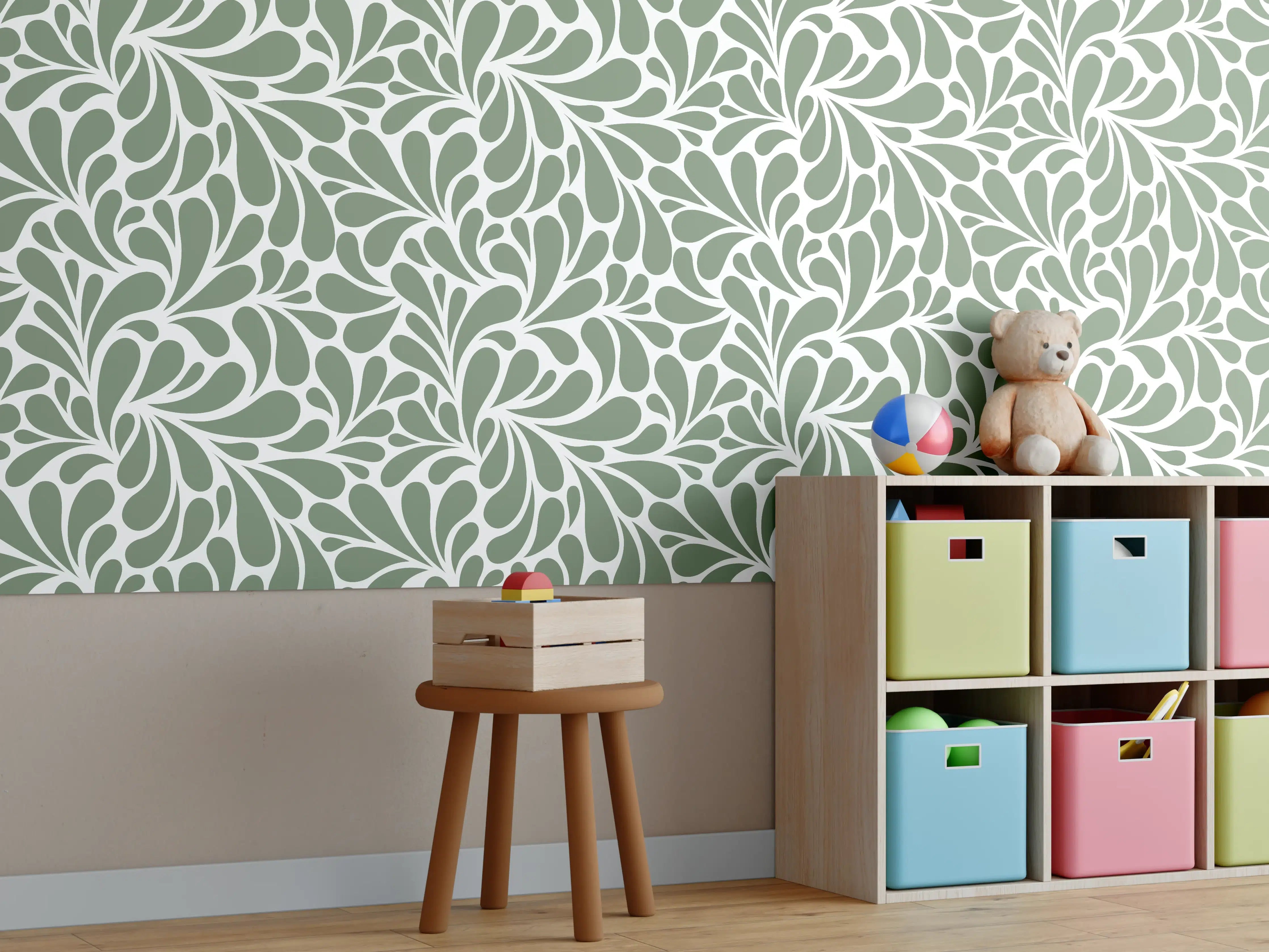 Kinderzimmer Wandgestaltung - Sanfte Grüntöne mit floraler Musterarbeit