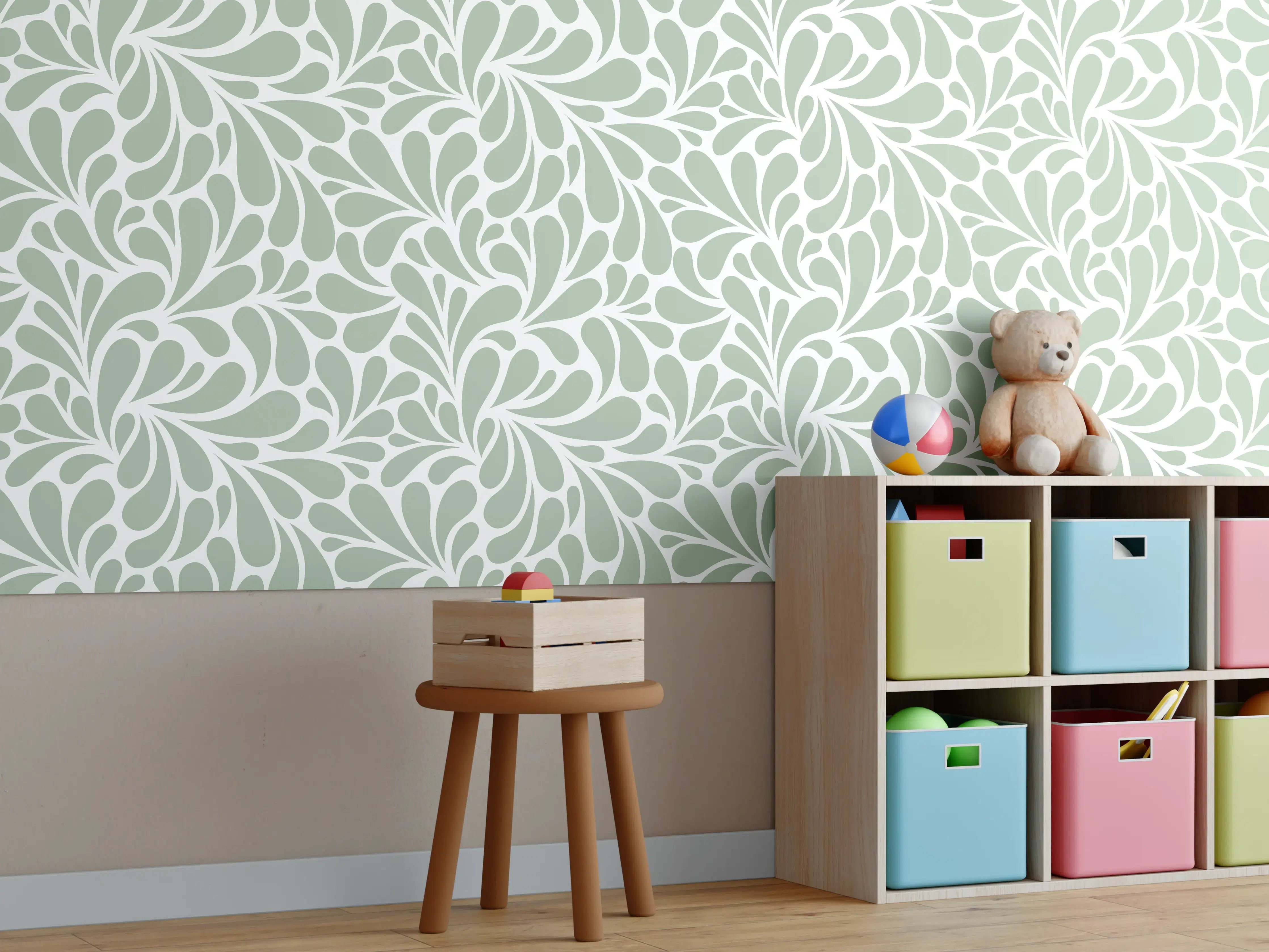 Kinderzimmer Wandgestaltung - Sanfte Grüntöne mit floraler Musterung