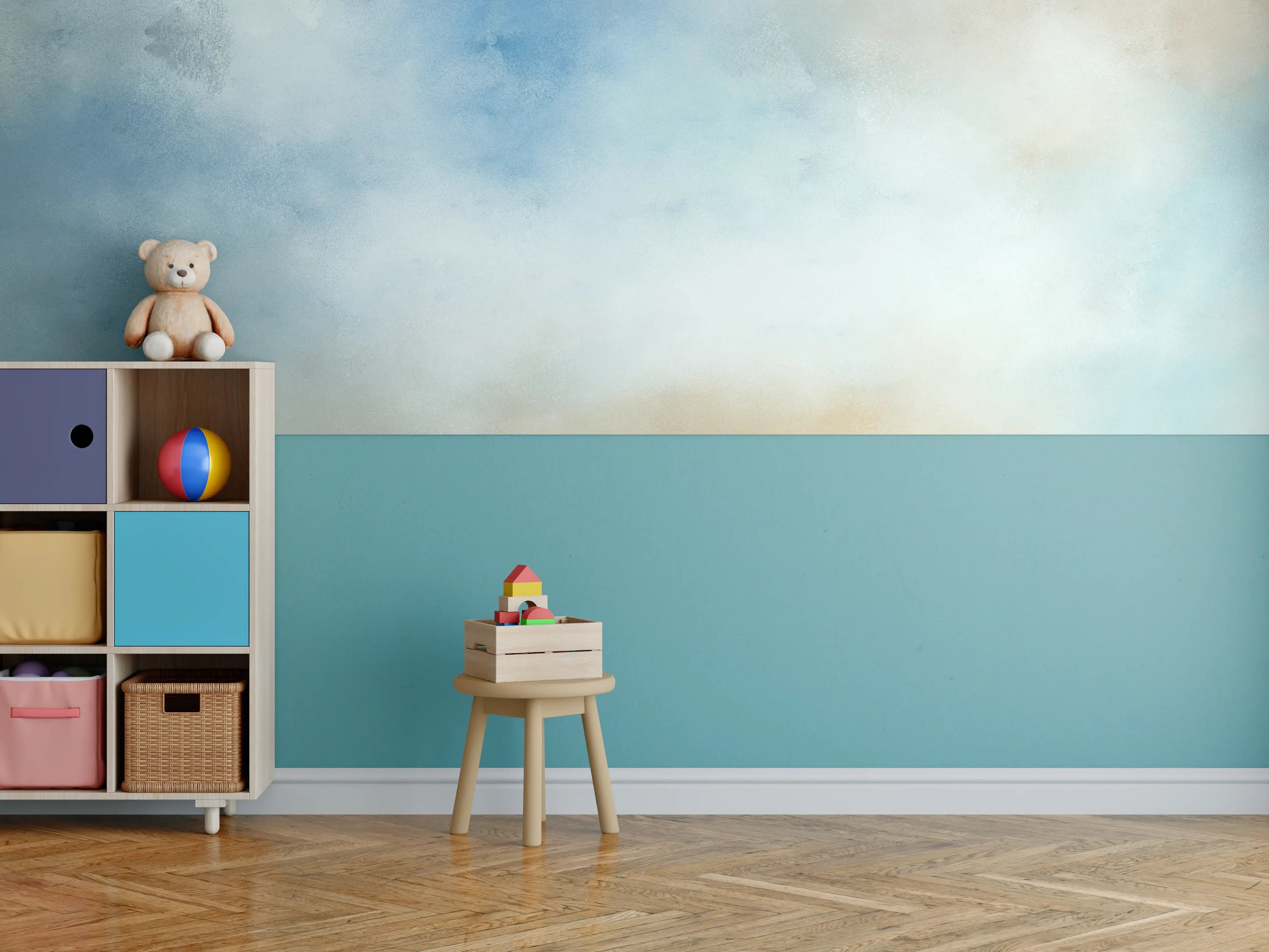 Kinderzimmer Wandgestaltung - Sanfte Himmelstöne in Blau und Beige