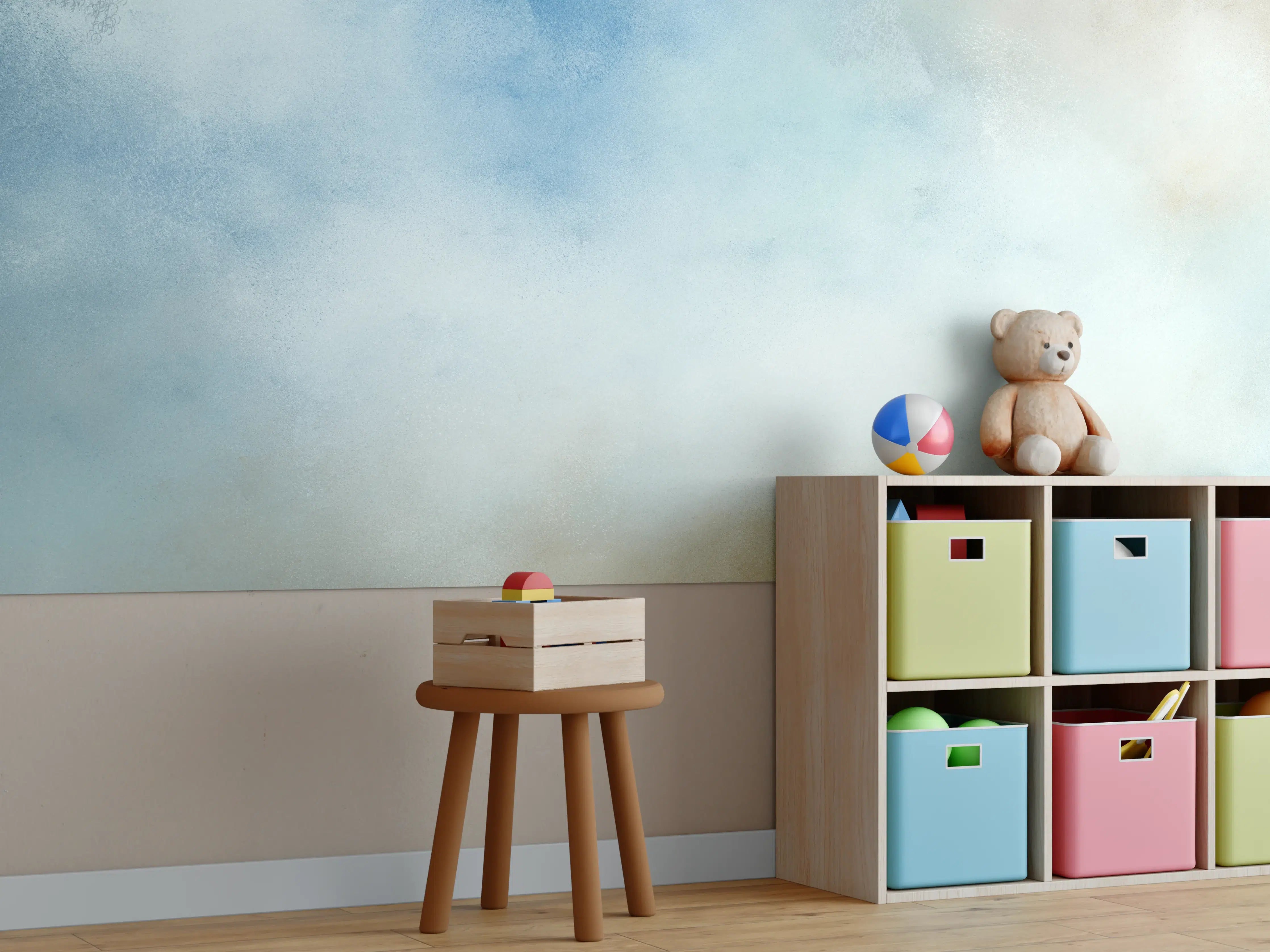 Kinderzimmer Wandgestaltung - Sanfte Himmelstöne in Blau und Beige