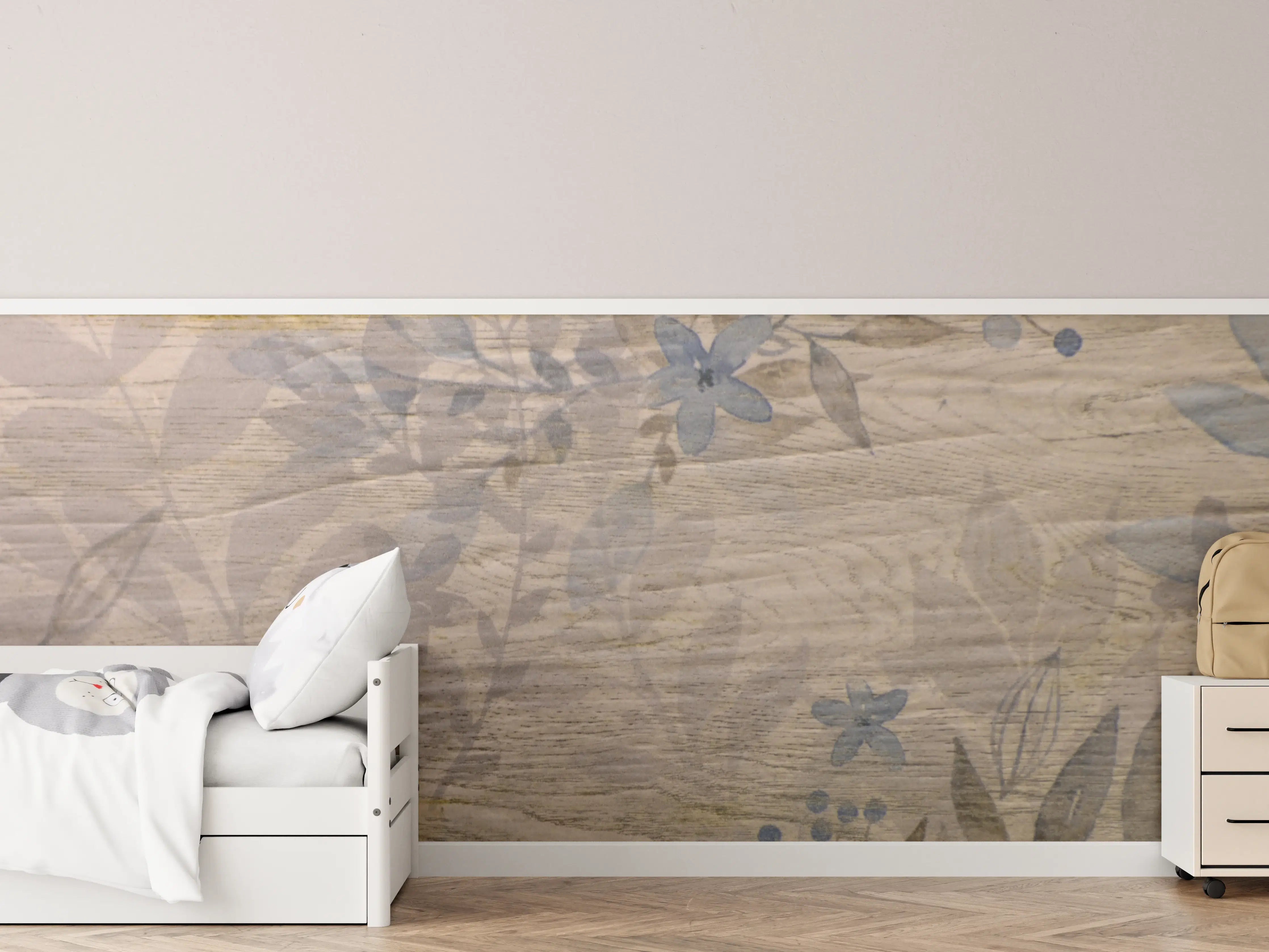 Kinderzimmer Wandgestaltung - Sanfte Holzmuster mit floralem Dekor
