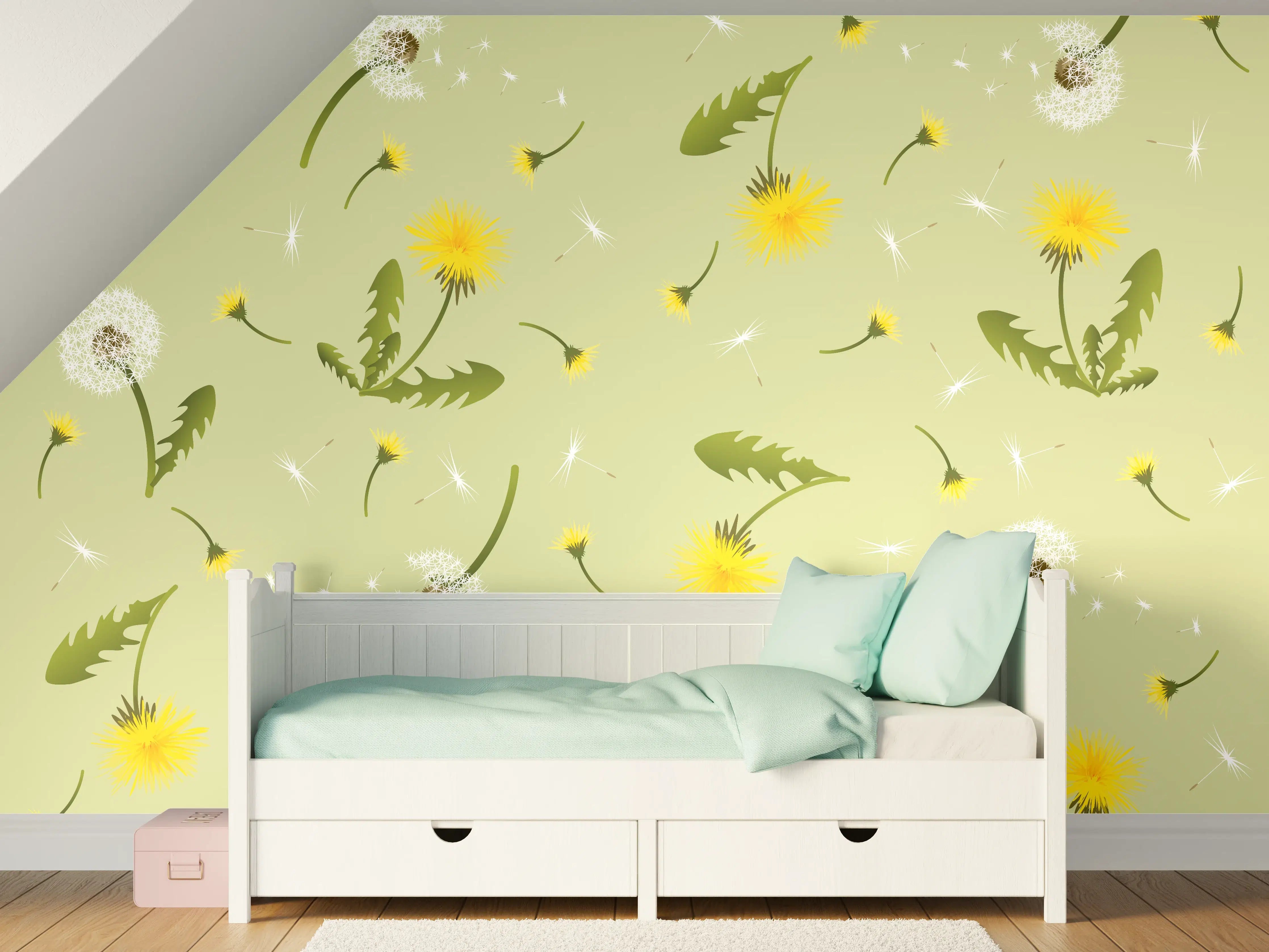 Kinderzimmer Wandgestaltung - Sanfte Löwenzahn- und Blumentapete in Grün und Gelb