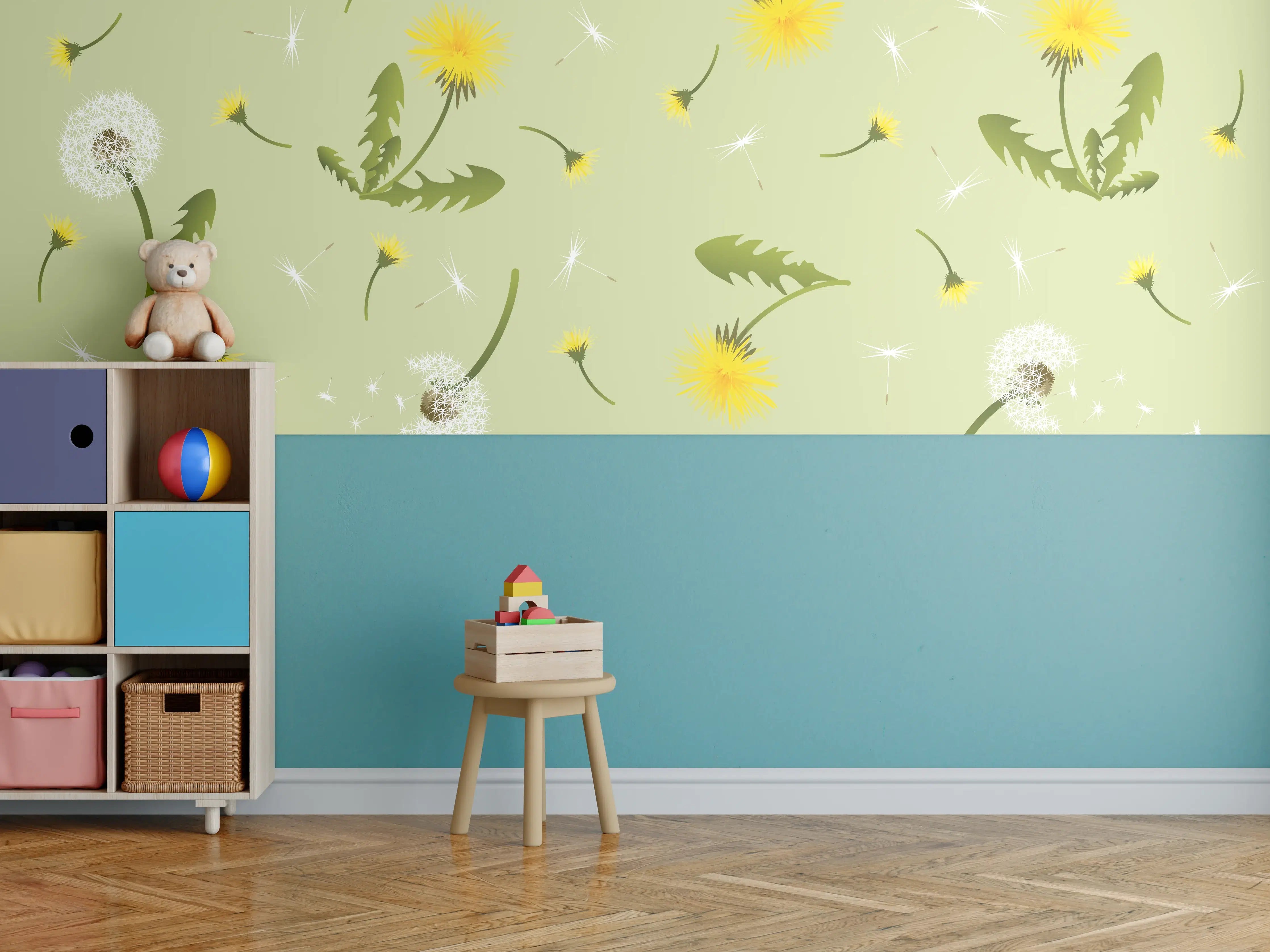 Kinderzimmer Wandgestaltung - Sanfte Löwenzahn- und Blumentapete in Grün und Gelb