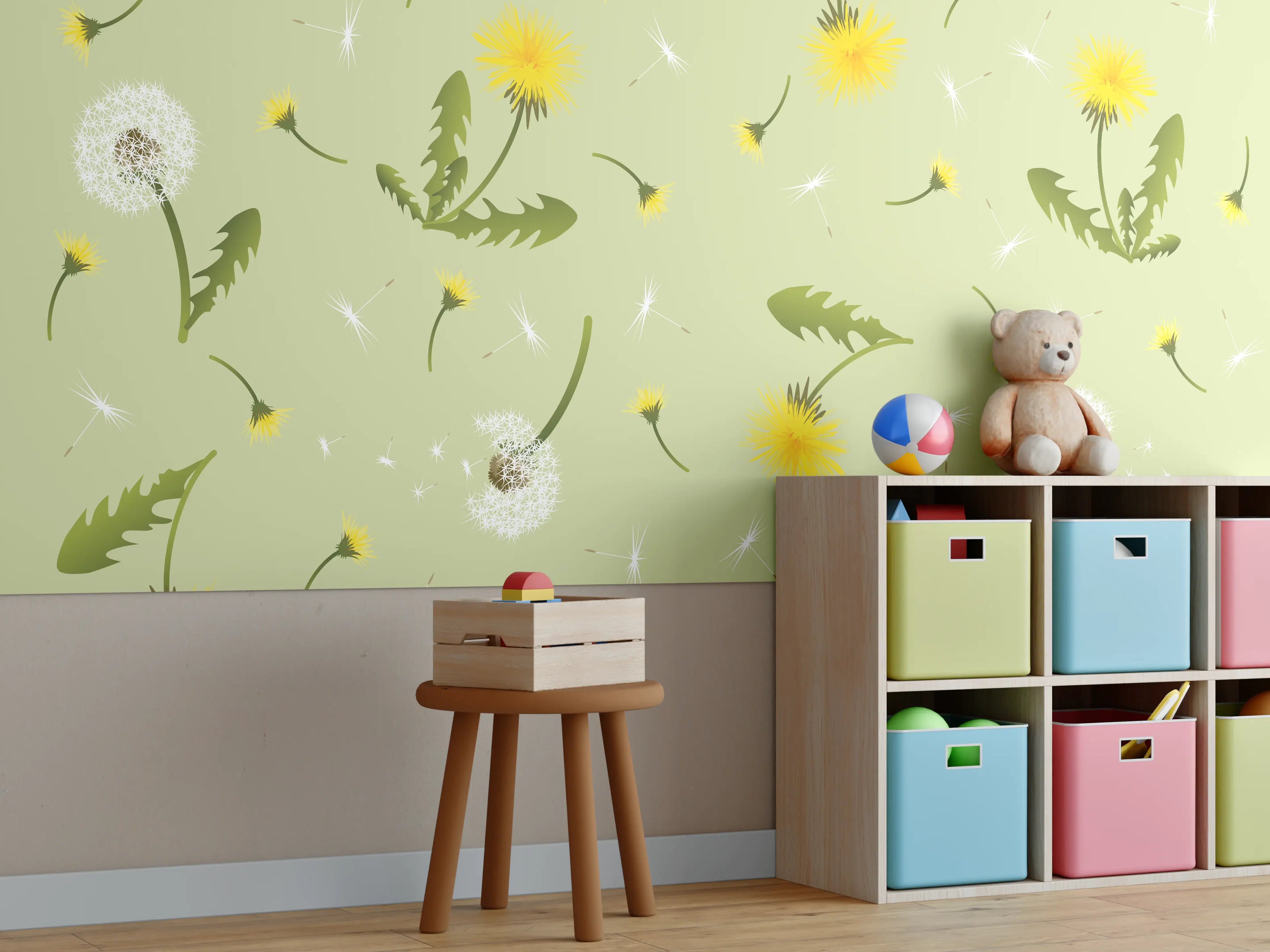 Kinderzimmer Wandgestaltung - Sanfte Löwenzahn- und Blumentapete in Grün und Gelb