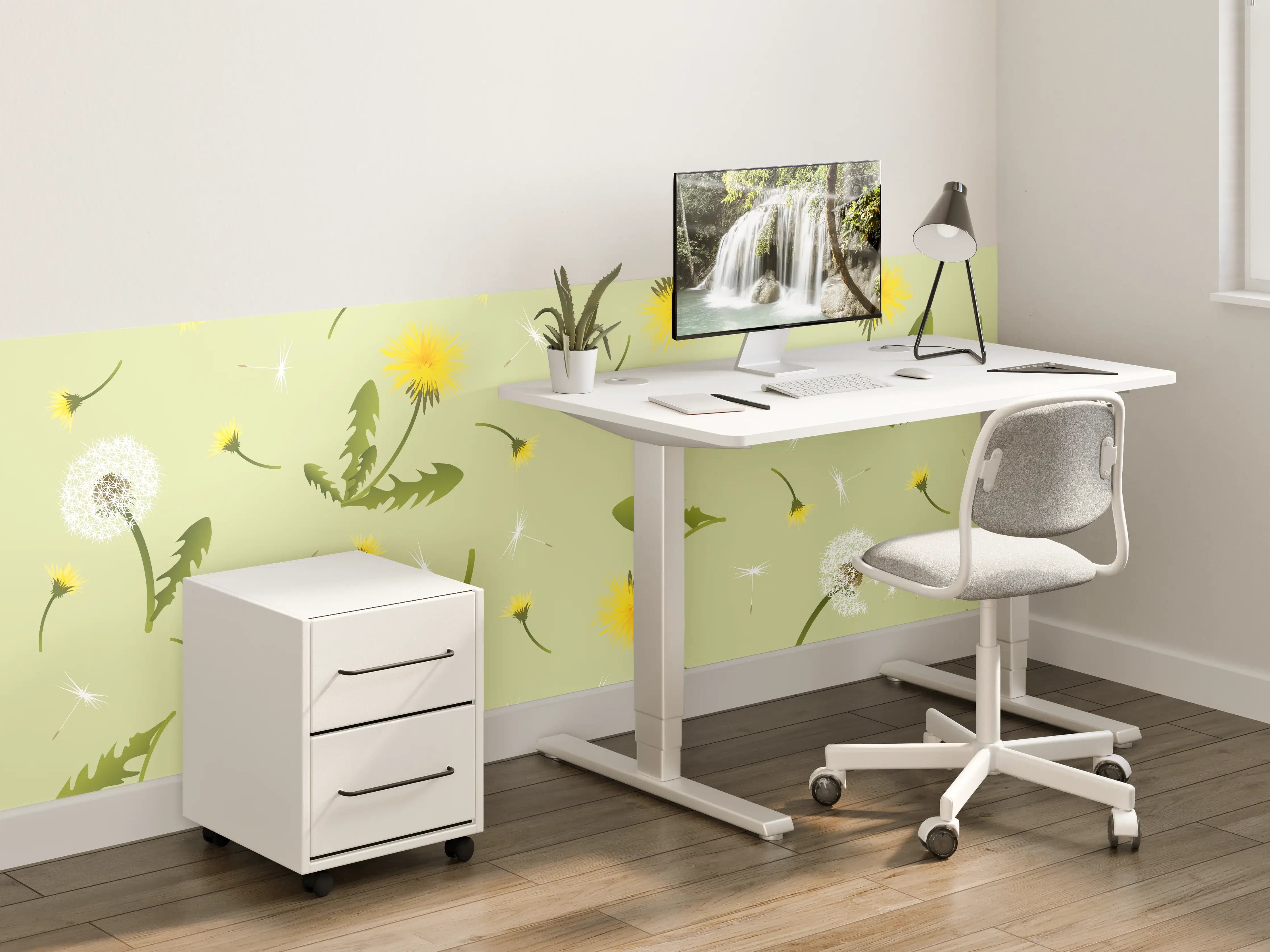 Kinderzimmer Wandgestaltung - Sanfte Löwenzahn- und Blumentapete in Grün und Gelb