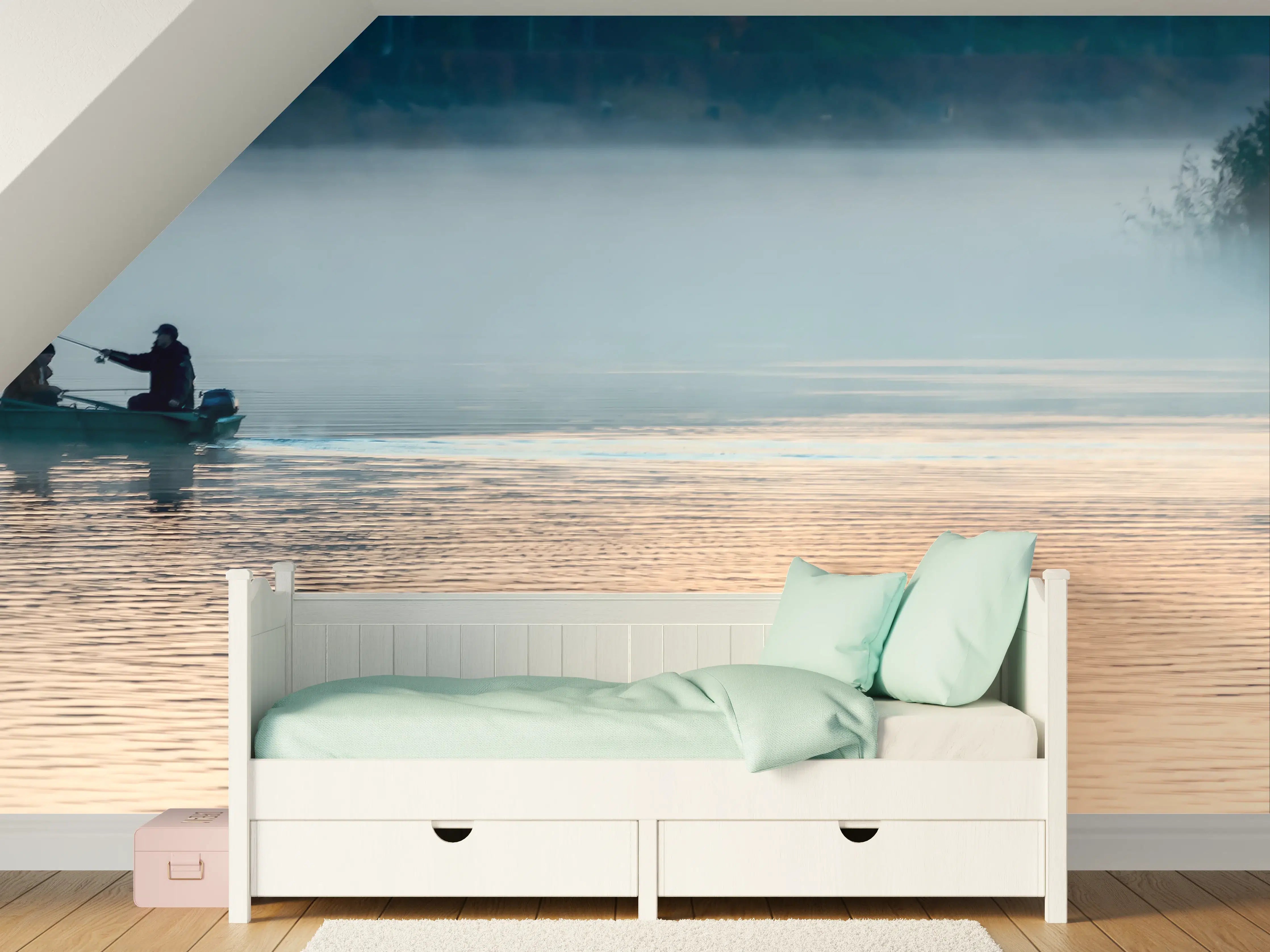 Kinderzimmer Wandgestaltung - Sanfte Morgen im Nebel am Wasser