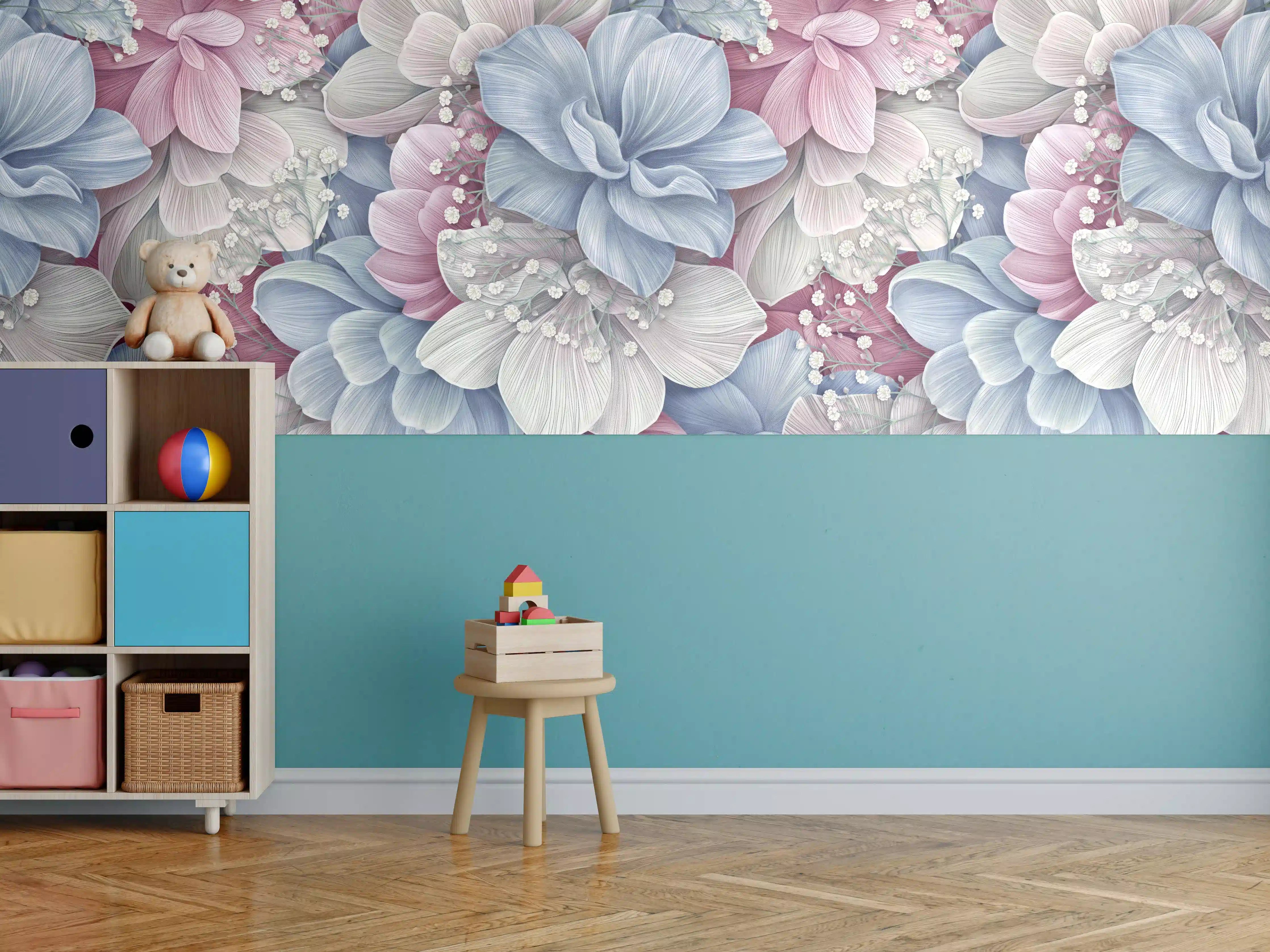 Kinderzimmer Wandgestaltung - Sanfte Pastellblumen in Wasserfarbenoptik