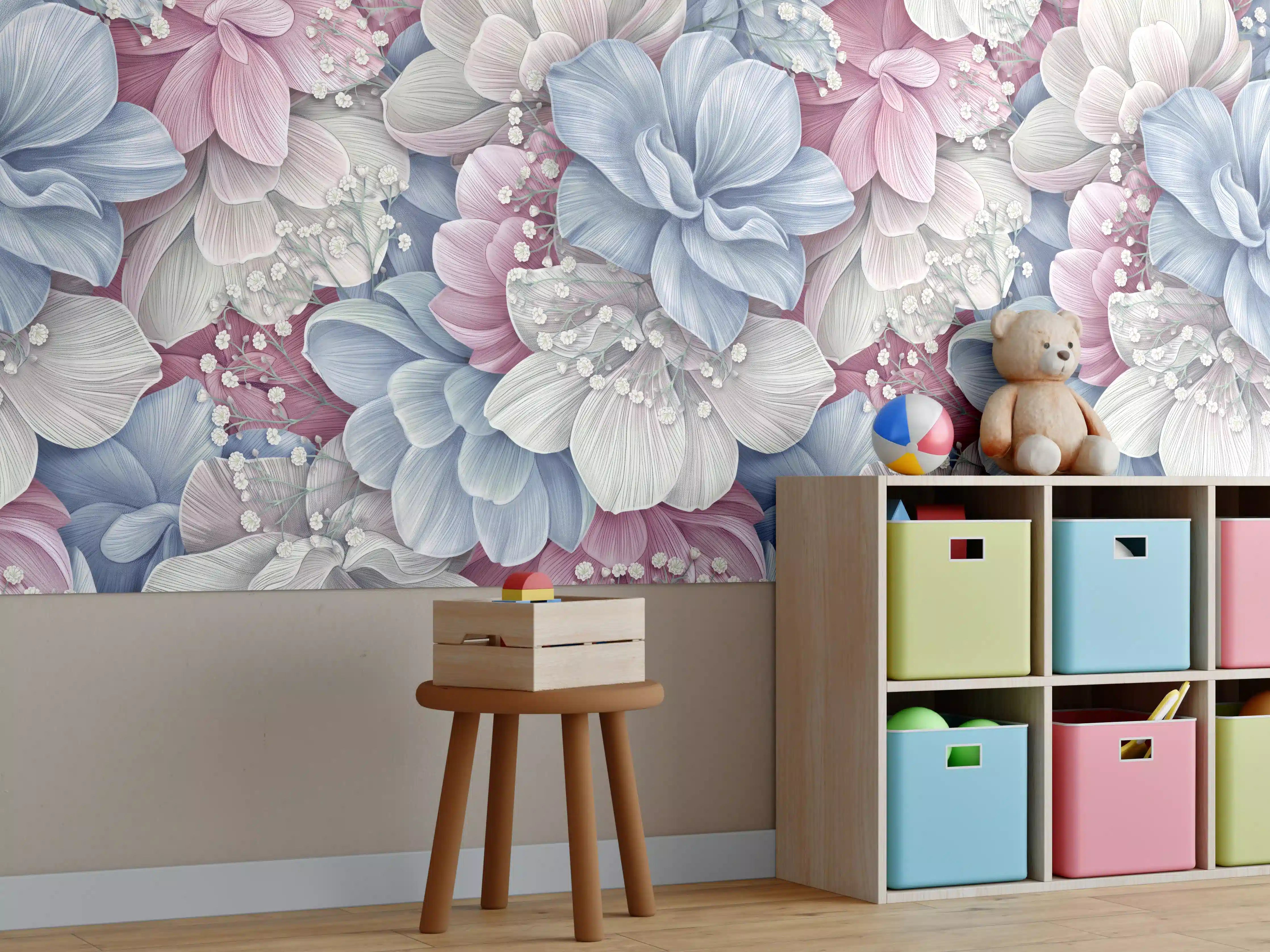 Kinderzimmer Wandgestaltung - Sanfte Pastellblumen in Wasserfarbenoptik