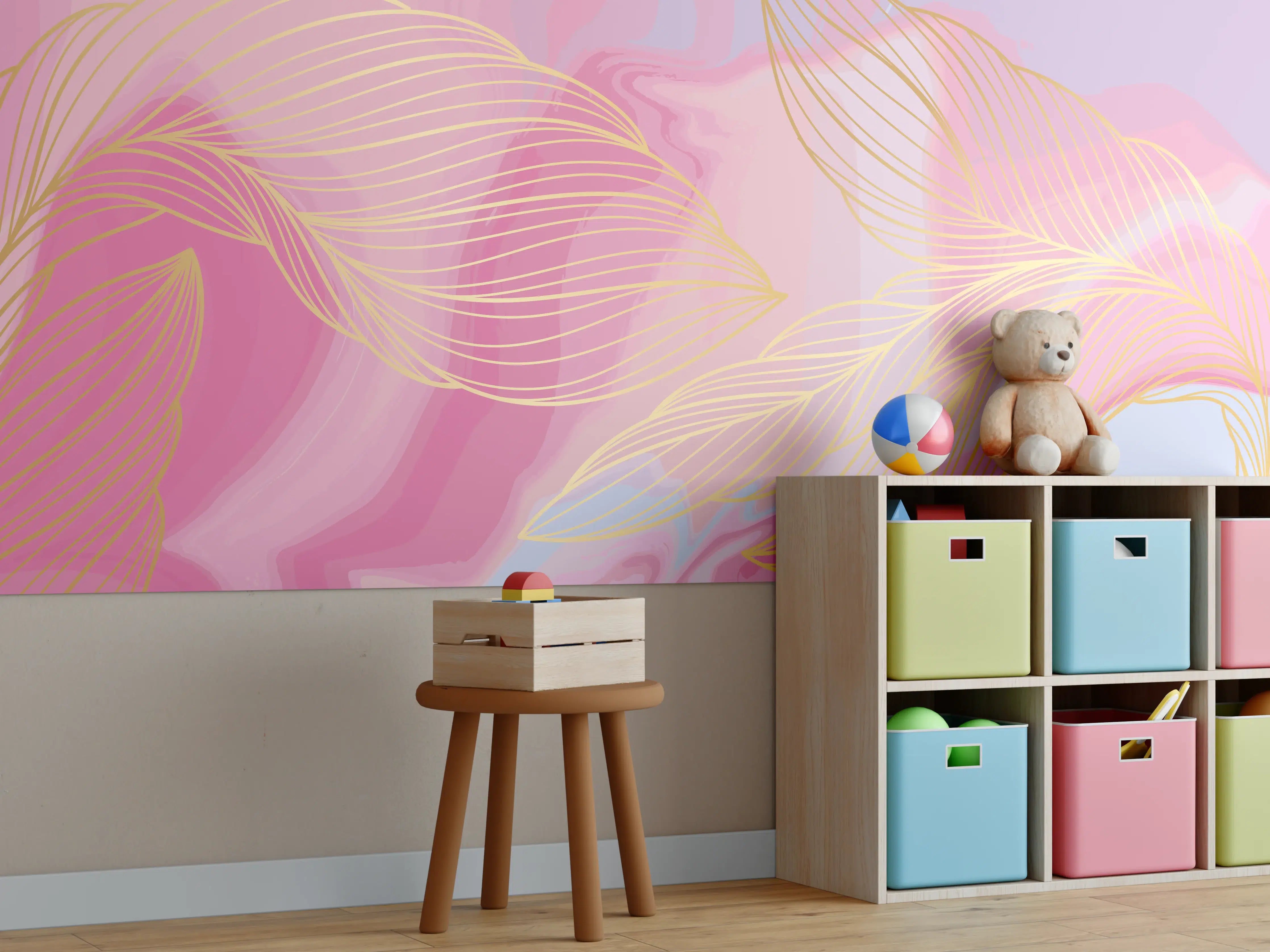 Kinderzimmer Wandgestaltung - Sanfte Pastellträume in Pink und Grau mit Goldakzenten