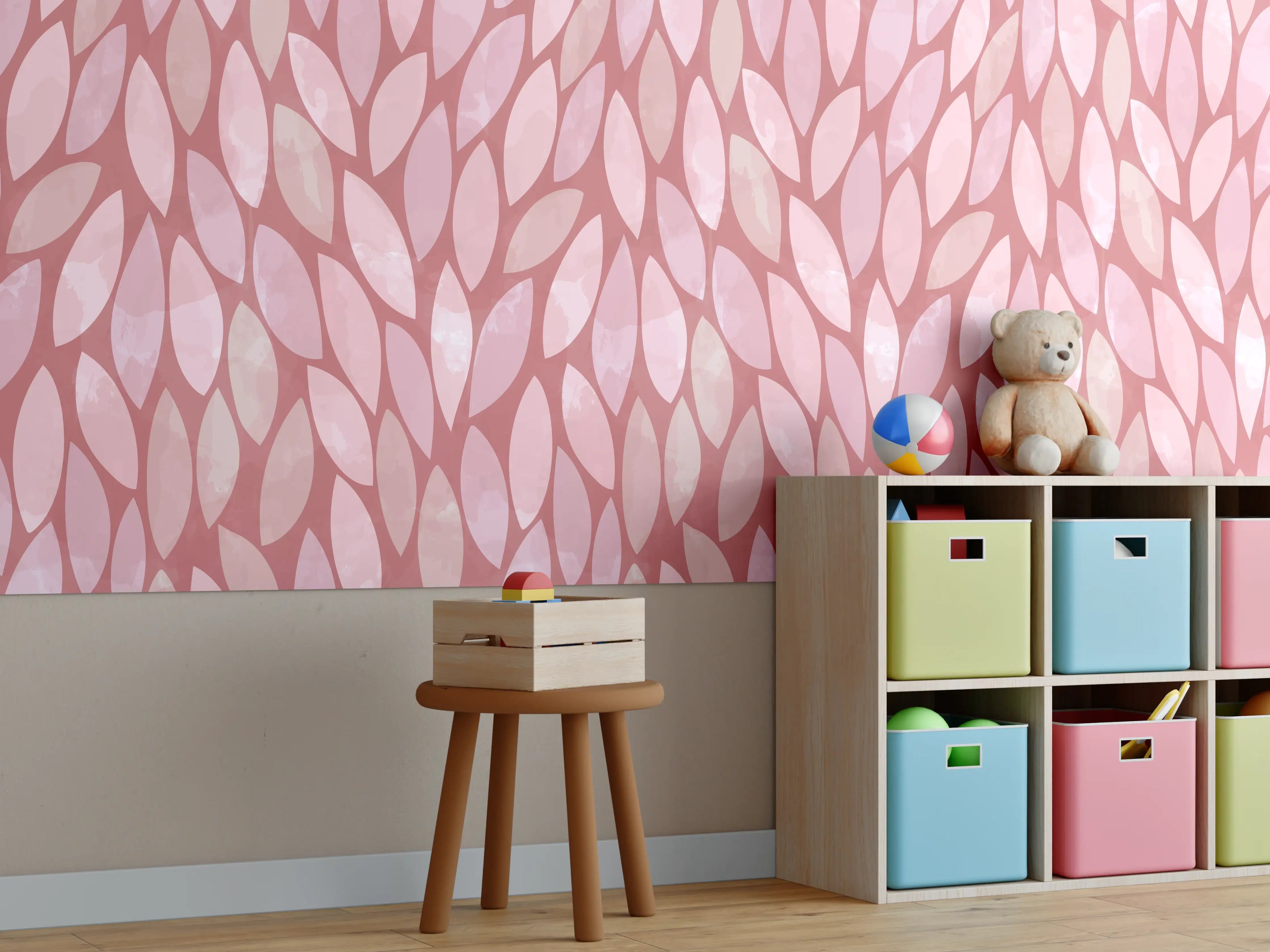 Kinderzimmer Wandgestaltung - Sanfte Pink-Töne mit Blattmuster
