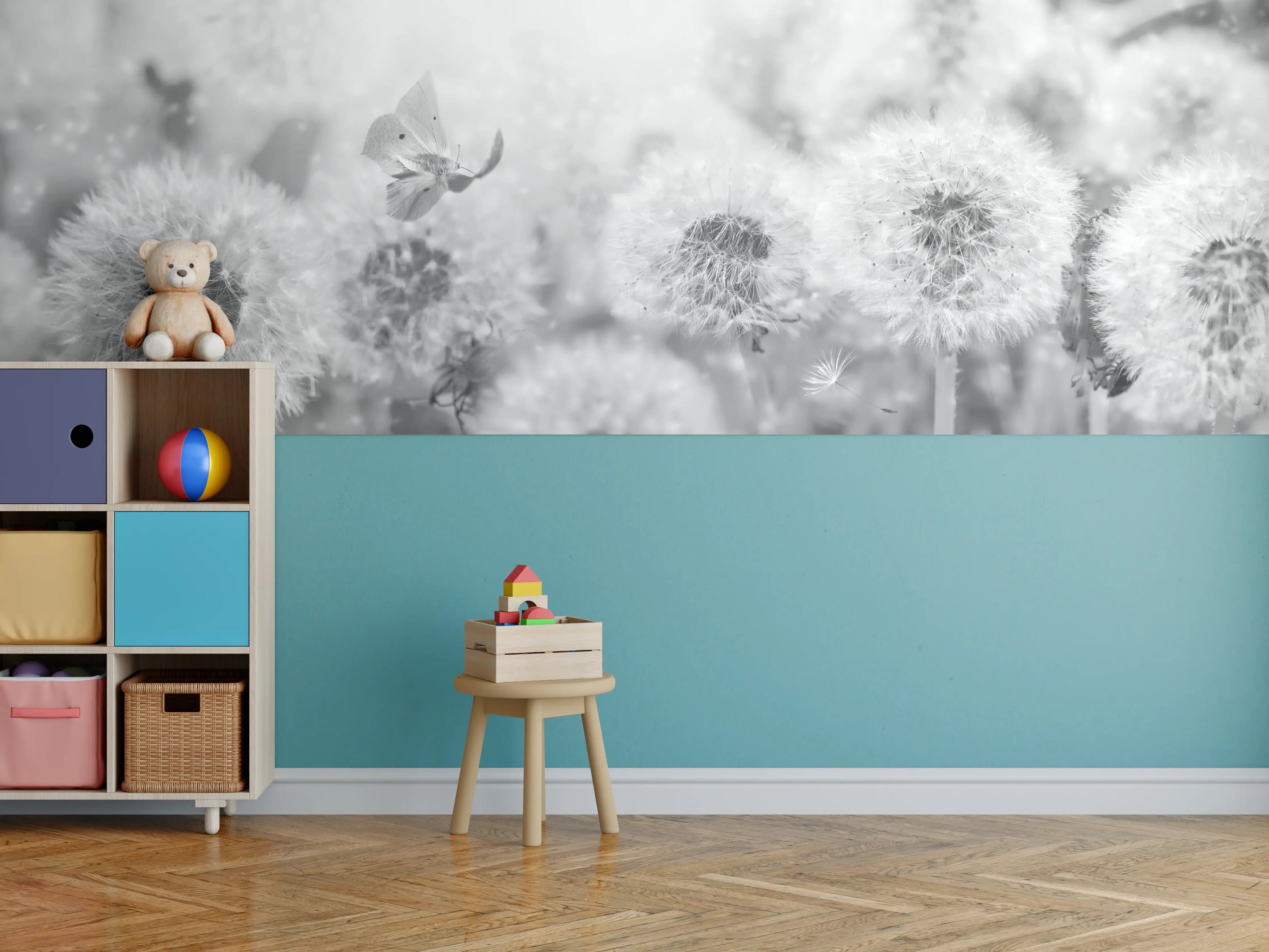 Kinderzimmer Wandgestaltung - Sanfte Pusteblumen und Schmetterling in Schwarz-Weiß