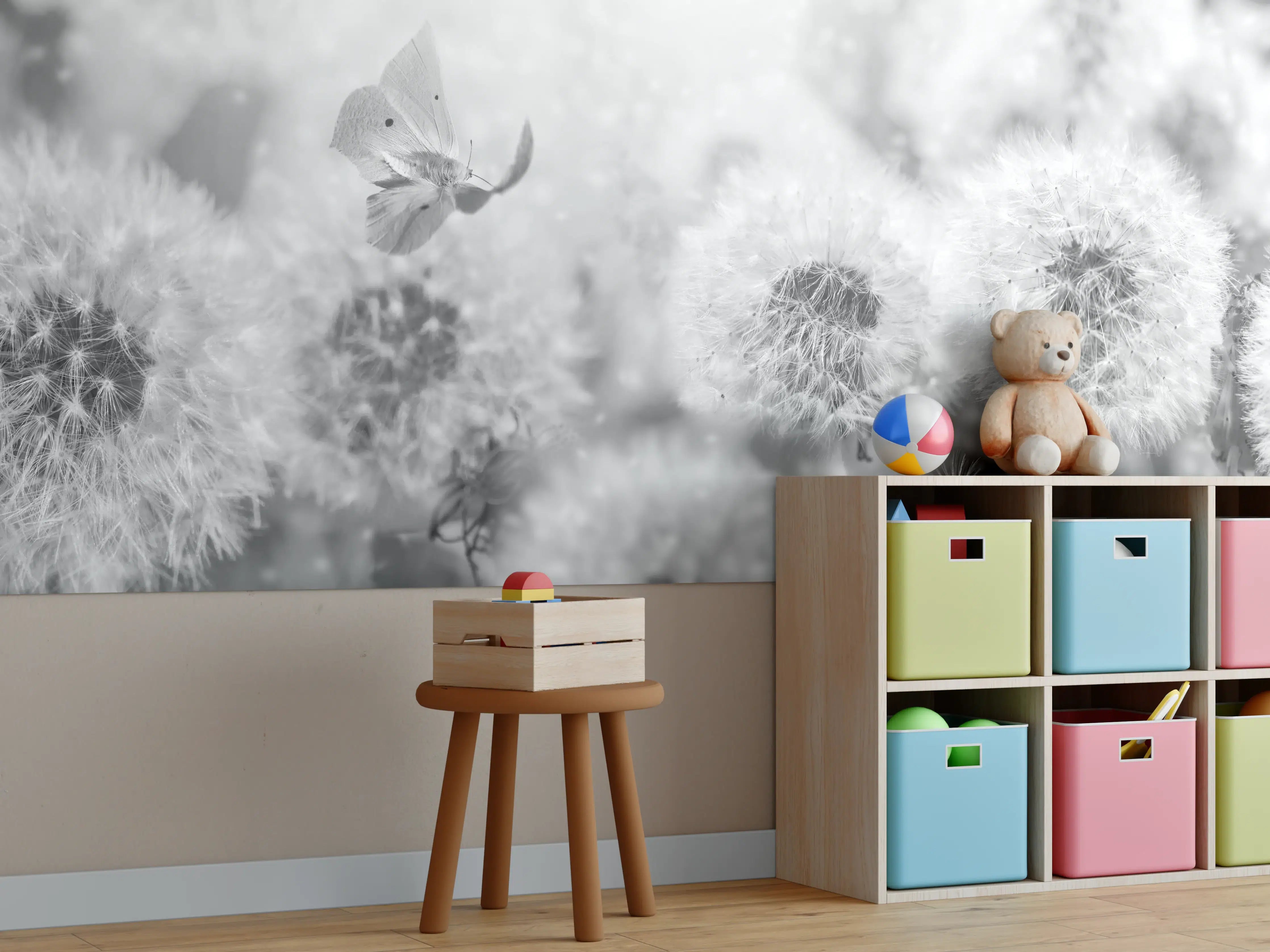 Kinderzimmer Wandgestaltung - Sanfte Pusteblumen und Schmetterling in Schwarz-Weiß