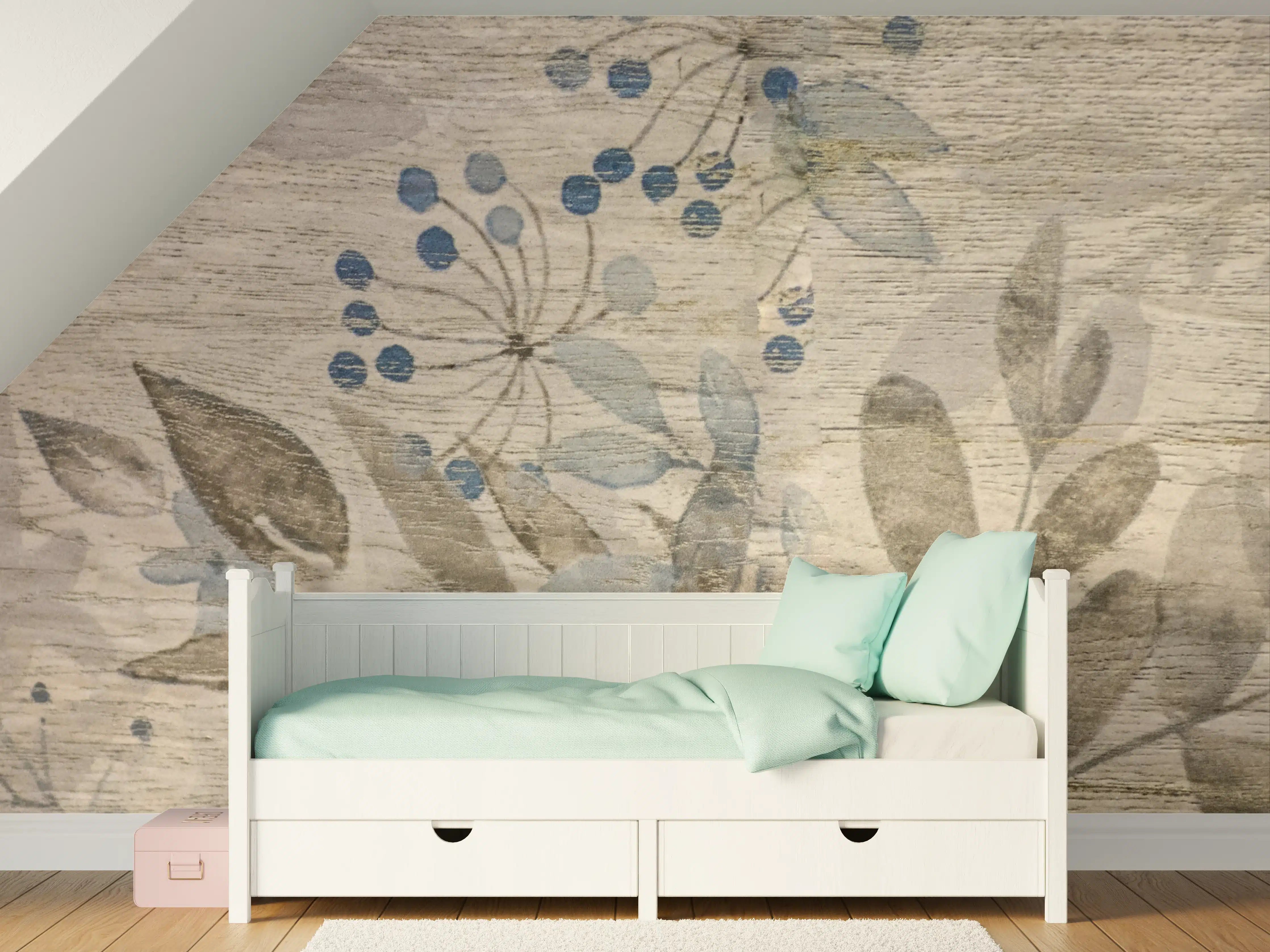 Kinderzimmer Wandgestaltung - Sanfte Waldblätter in neutralen Tönen