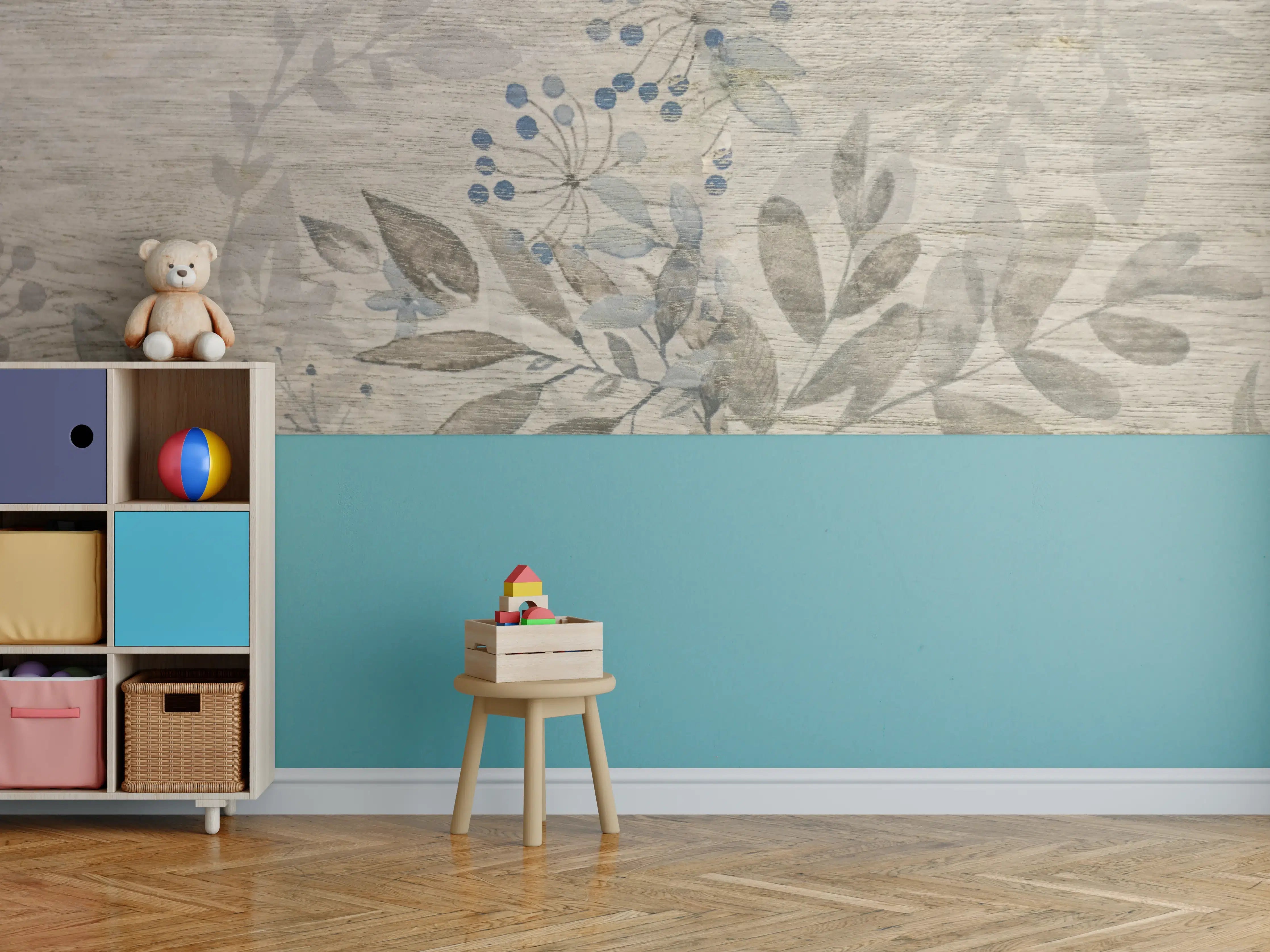 Kinderzimmer Wandgestaltung - Sanfte Waldblätter in neutralen Tönen
