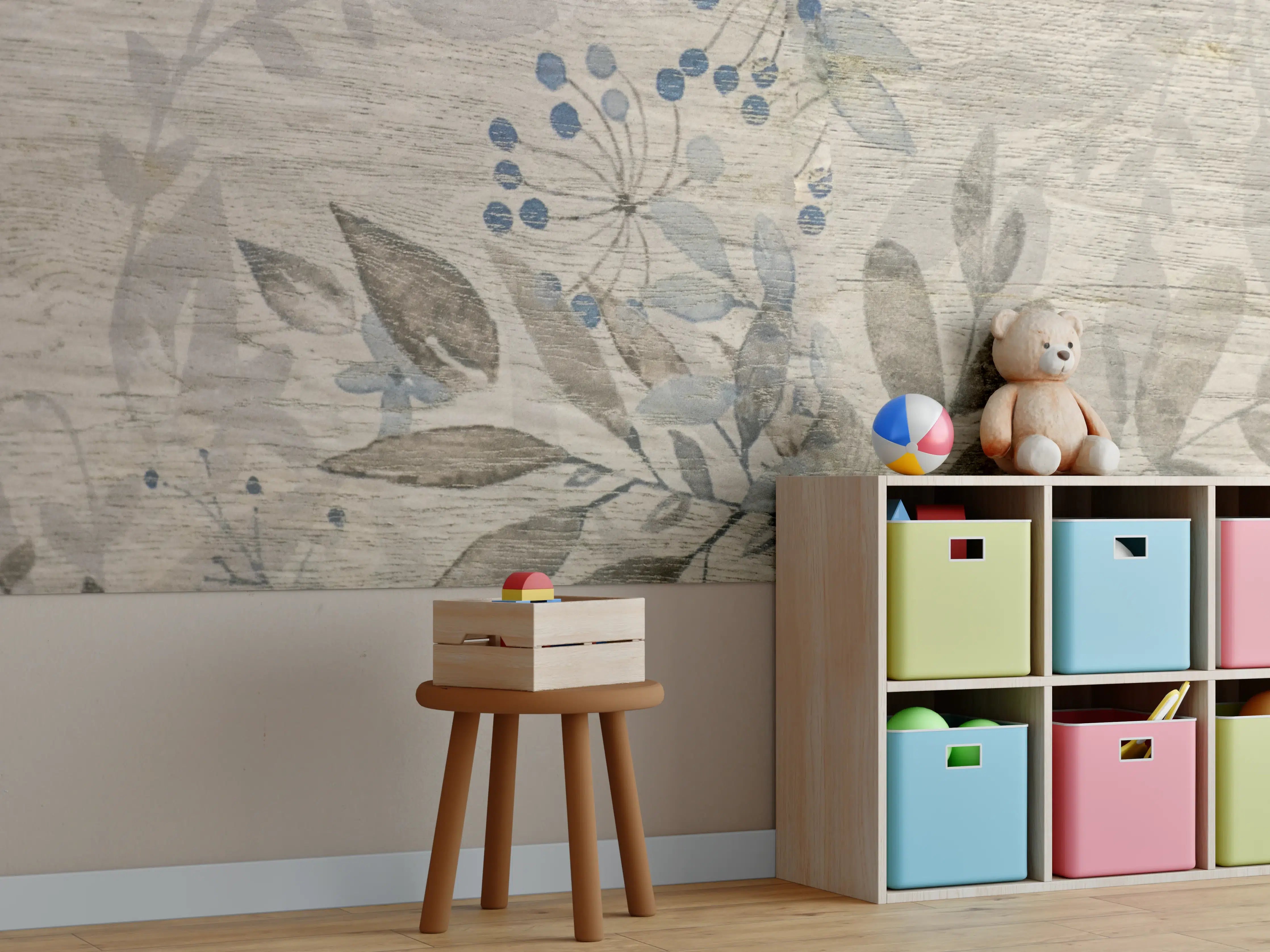 Kinderzimmer Wandgestaltung - Sanfte Waldblätter in neutralen Tönen