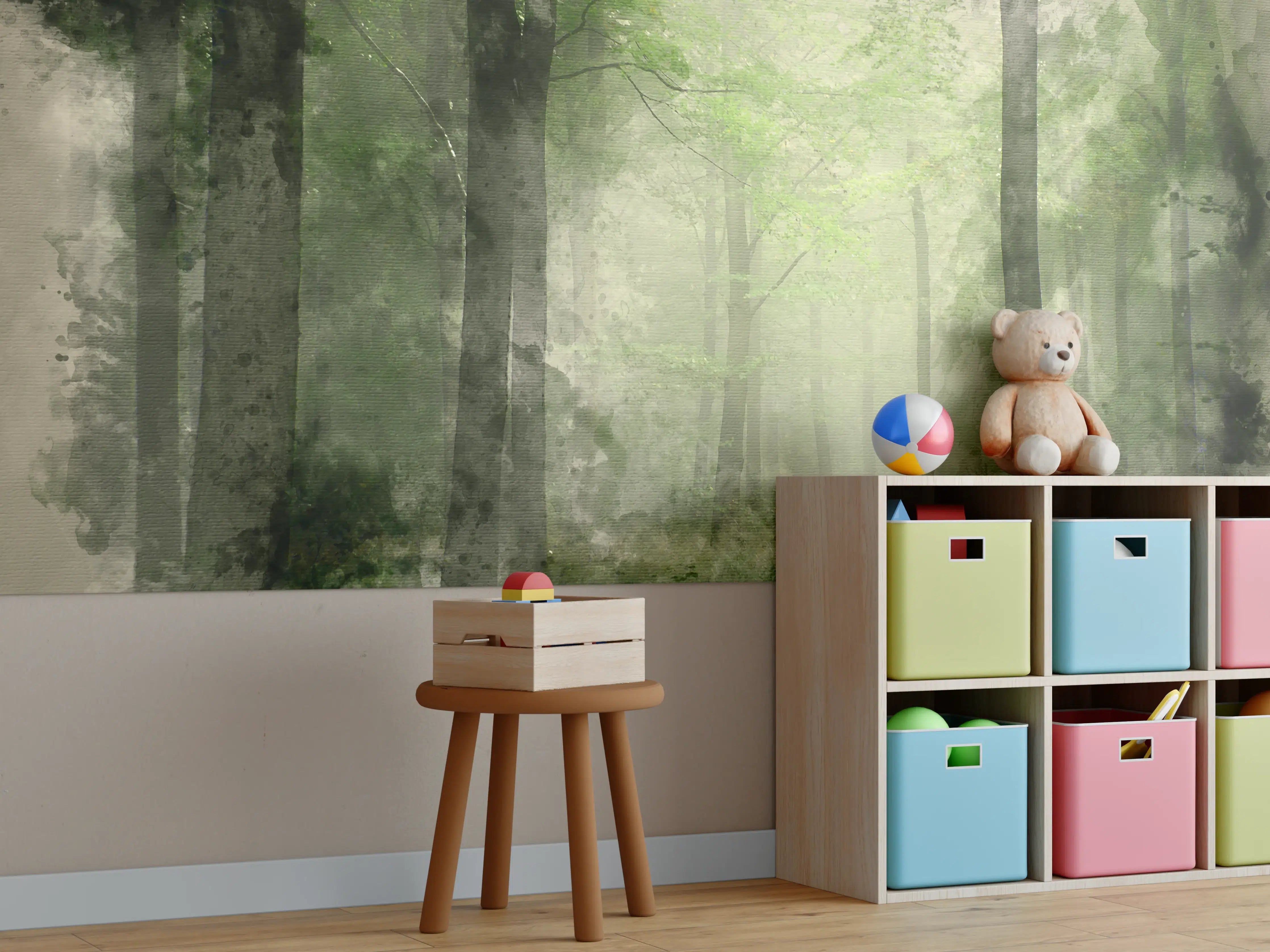 Kinderzimmer Wandgestaltung - Sanfte Waldlichtung mit nebelverhangenem Morgen