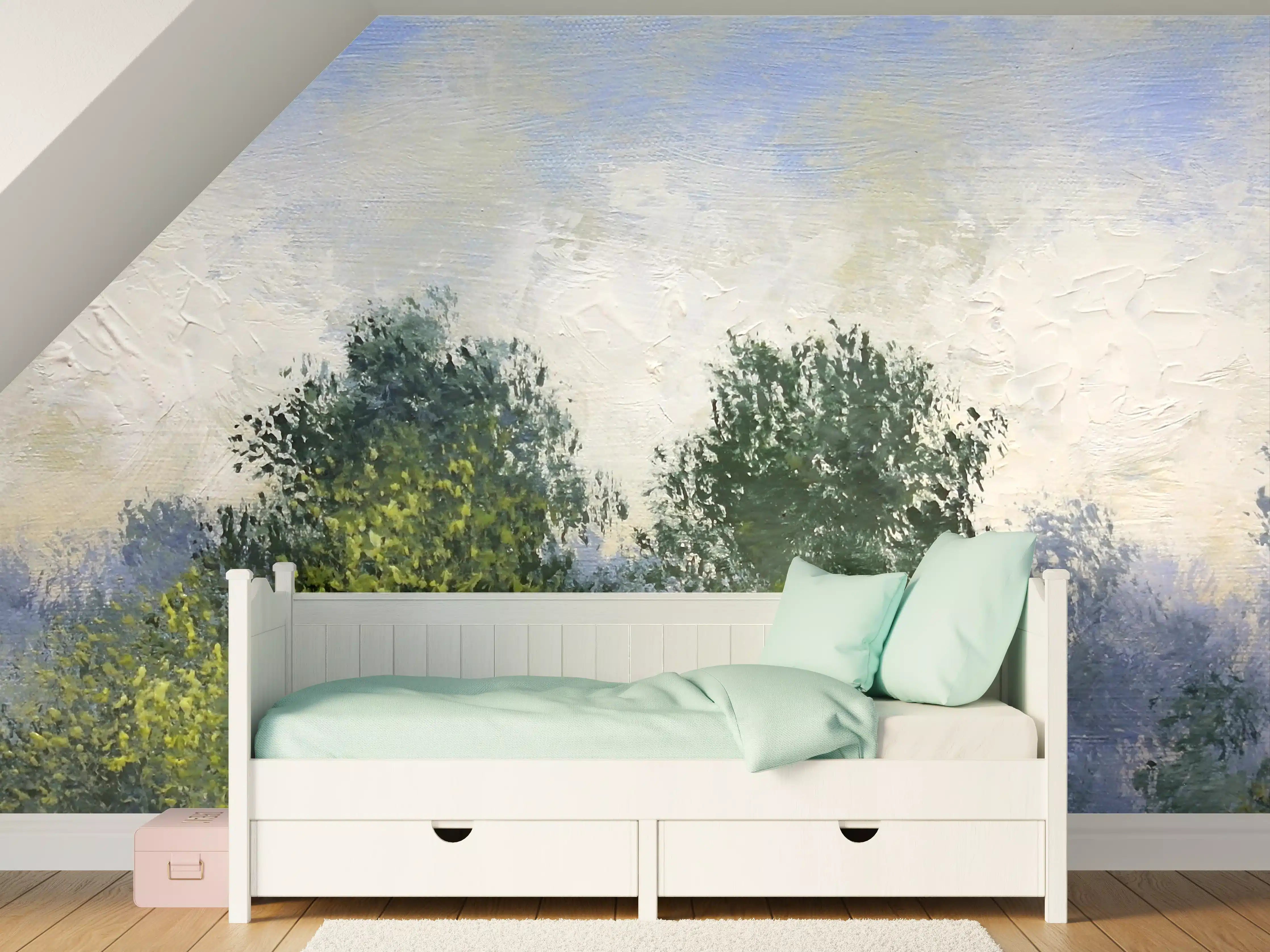 Kinderzimmer Wandgestaltung - Sanfte Wasserfarben-Landschaft mit Bäumen