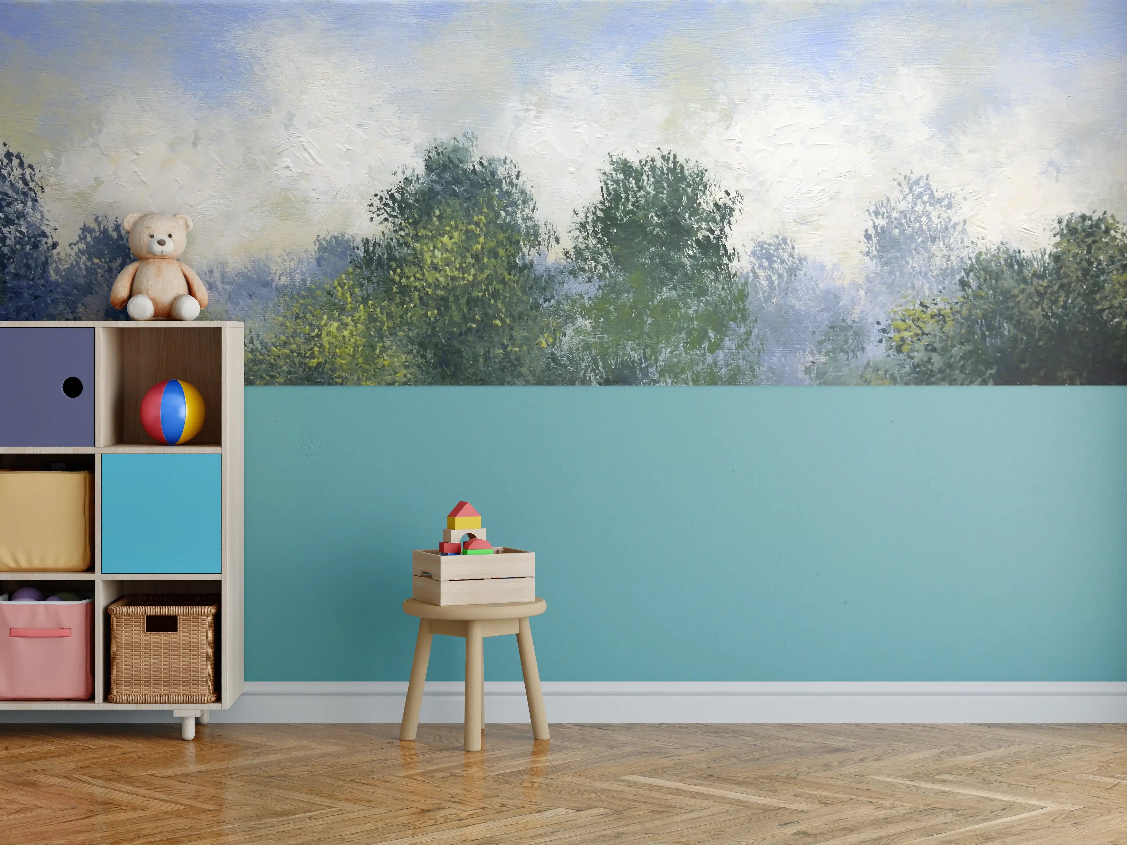 Kinderzimmer Wandgestaltung - Sanfte Wasserfarben-Landschaft mit Bäumen