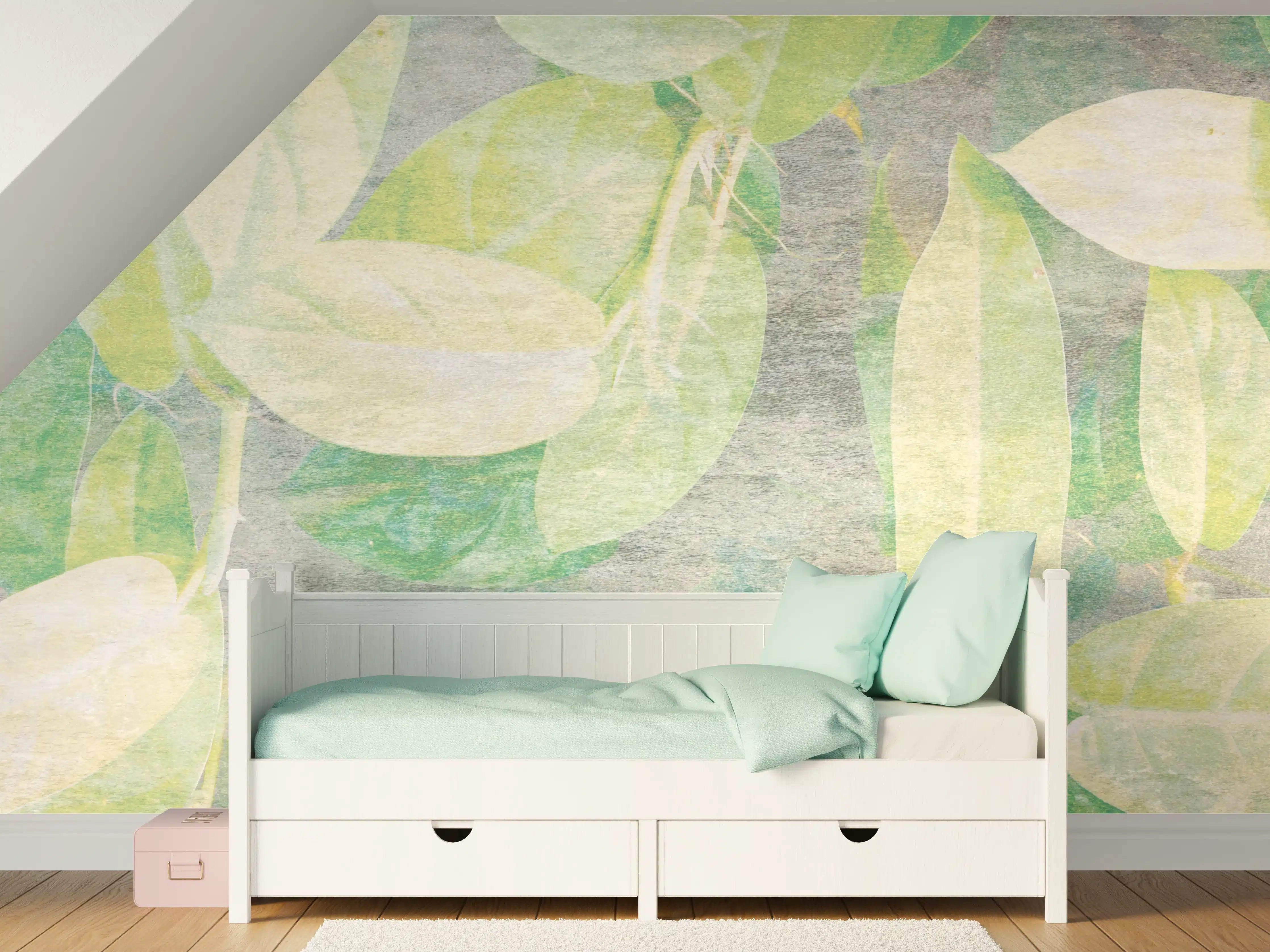 Kinderzimmer Wandgestaltung - Sanfte Wasserfarben-Querstreifen mit grünen Blättern