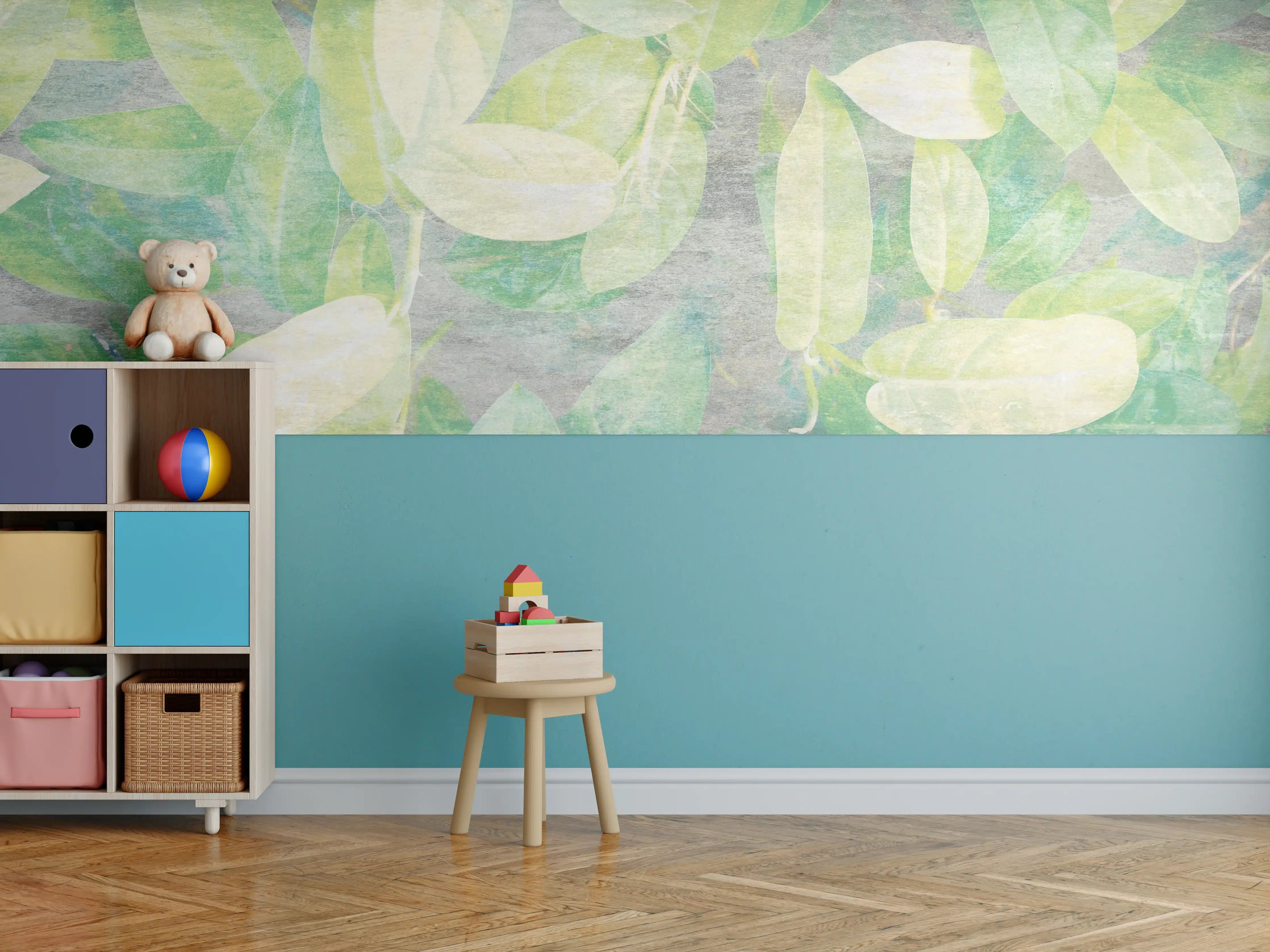 Kinderzimmer Wandgestaltung - Sanfte Wasserfarben-Querstreifen mit grünen Blättern