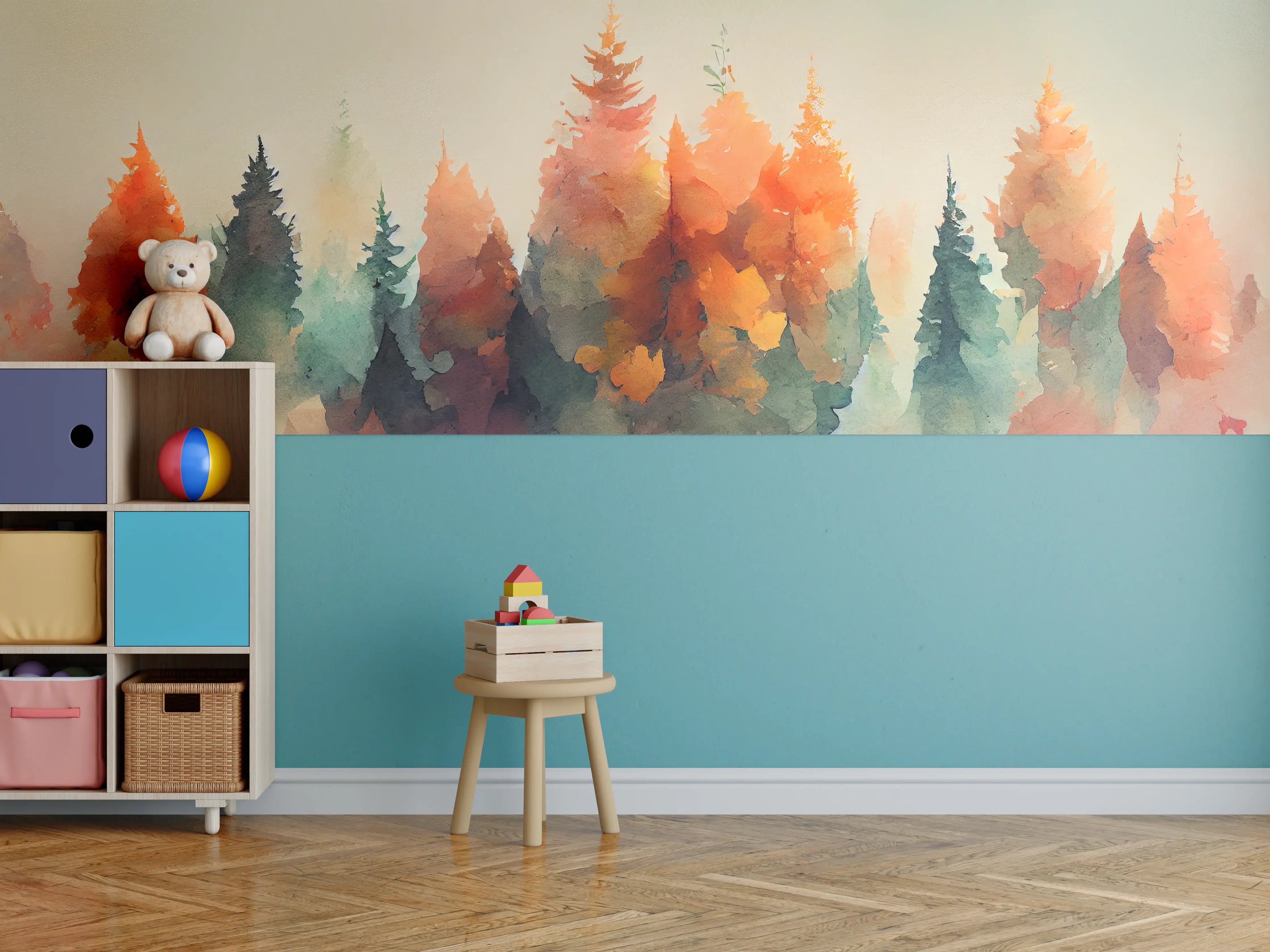 Kinderzimmer Wandgestaltung - Sanfte Wasserfarben-Waldszene in Pastelltönen
