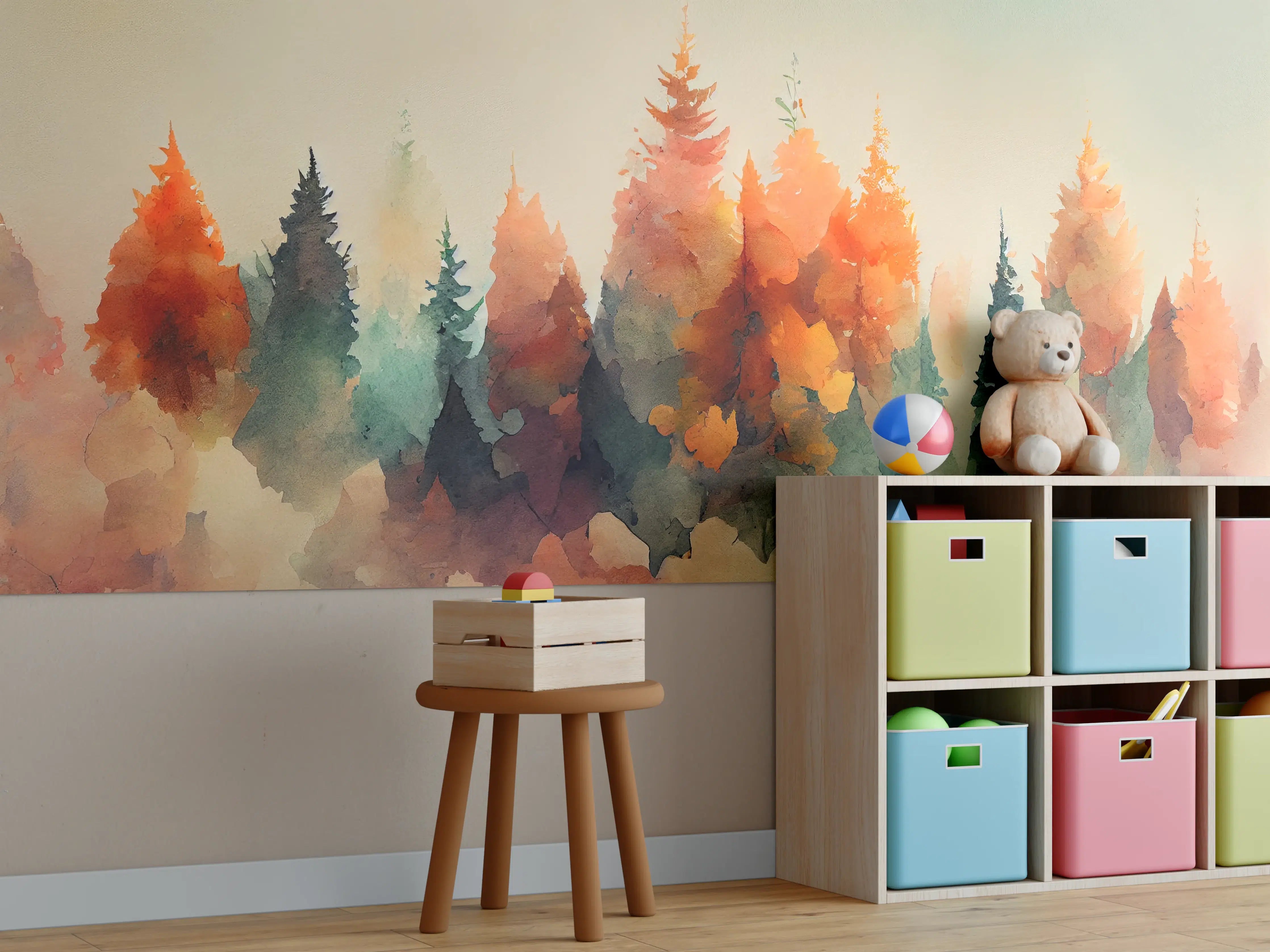 Kinderzimmer Wandgestaltung - Sanfte Wasserfarben-Waldszene in Pastelltönen