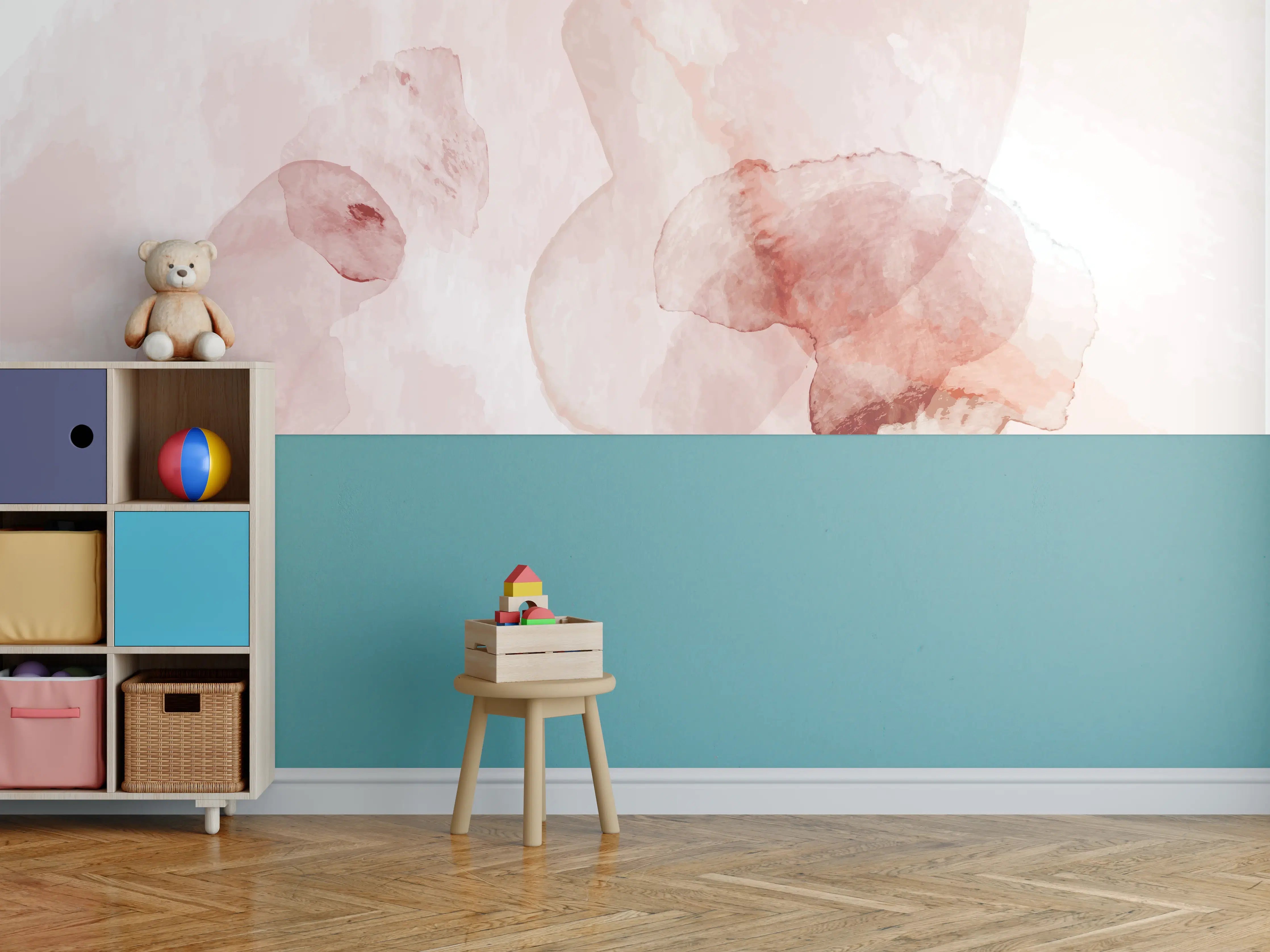 Kinderzimmer Wandgestaltung - Sanfte Wasserfarbenteile in Pastellfarben