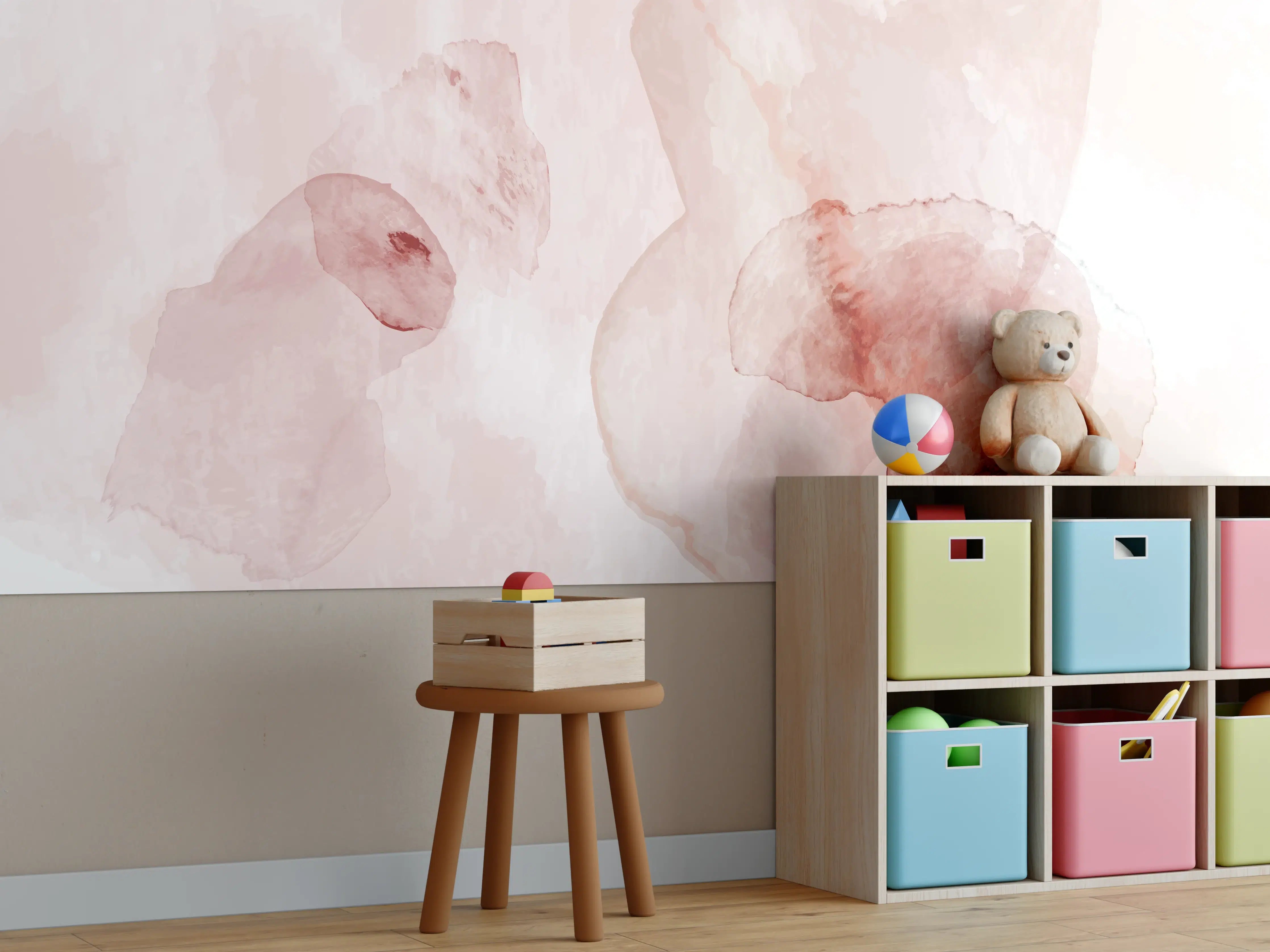 Kinderzimmer Wandgestaltung - Sanfte Wasserfarbenteile in Pastellfarben