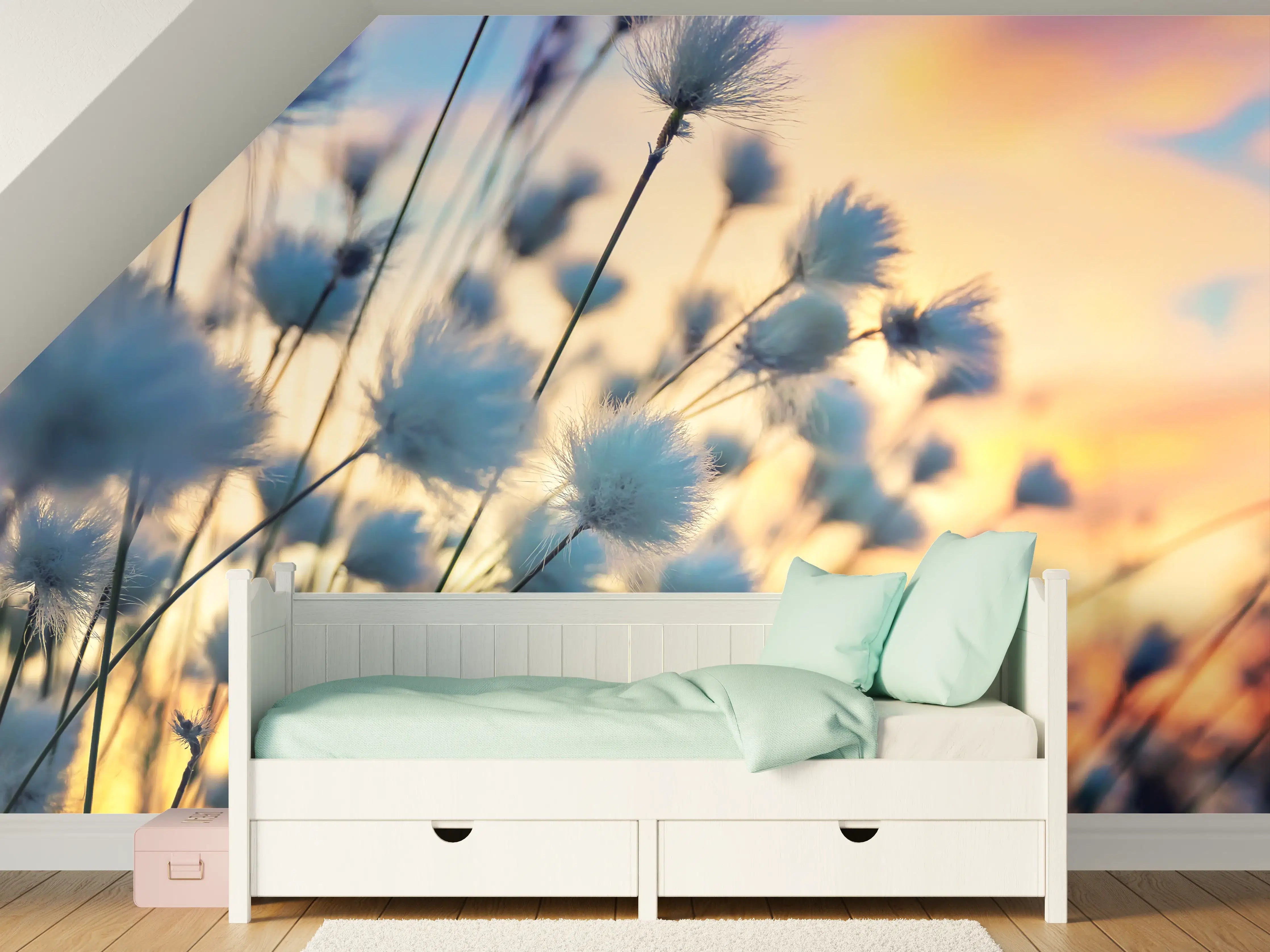 Kinderzimmer Wandgestaltung - Sanfte Wattestäubchen im Sonnenuntergang