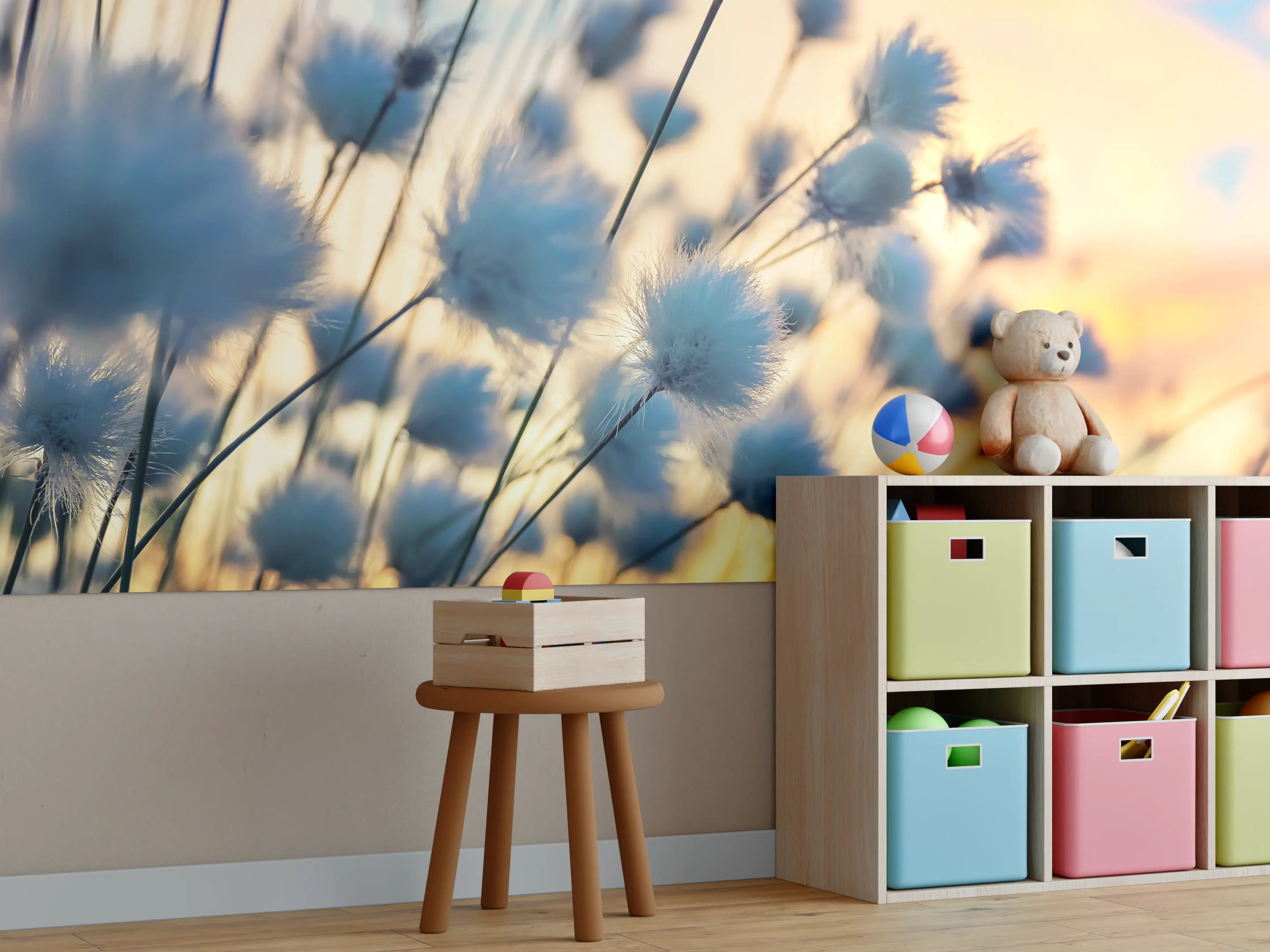 Kinderzimmer Wandgestaltung - Sanfte Wattestäubchen im Sonnenuntergang
