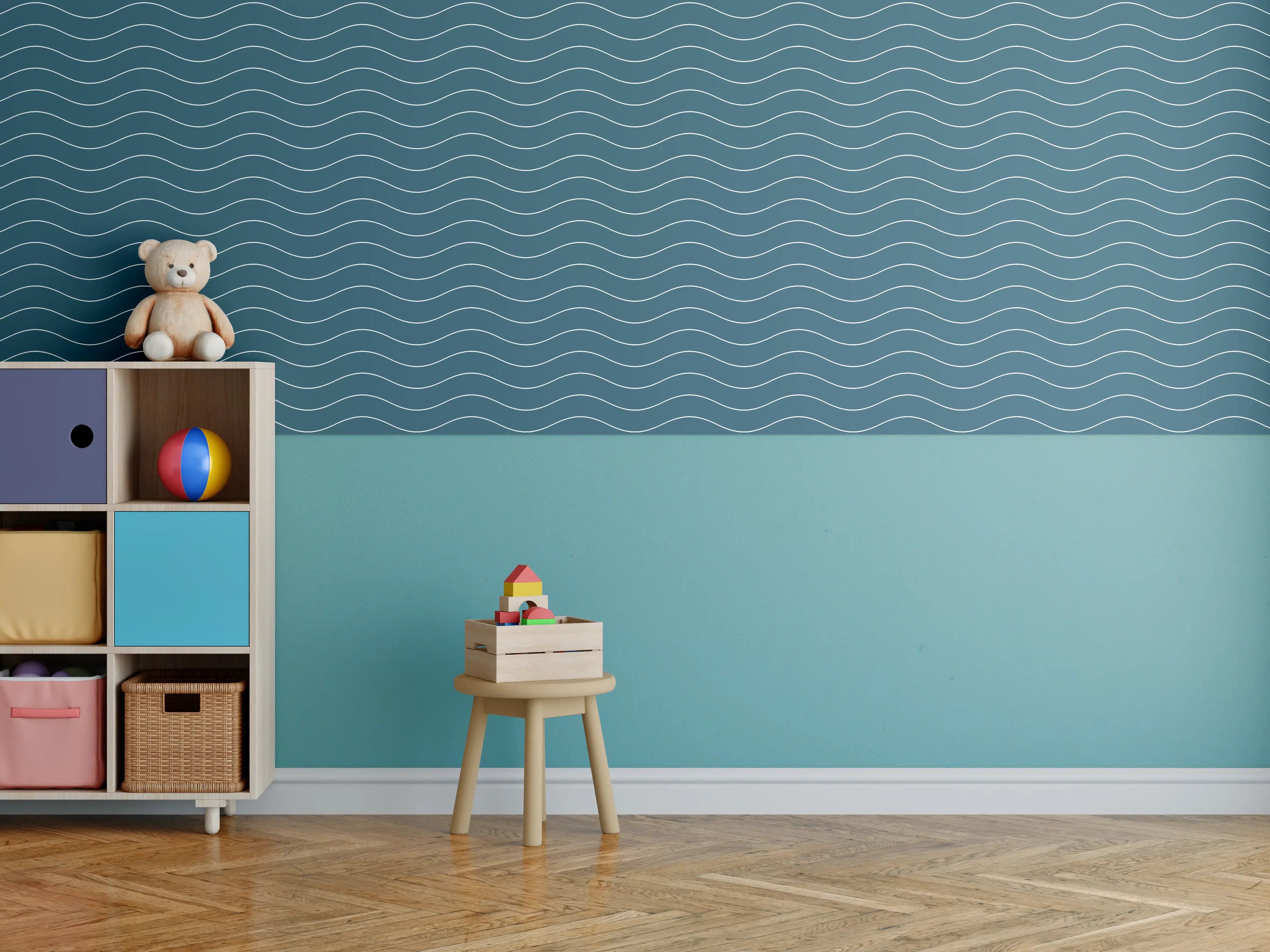 Kinderzimmer Wandgestaltung - Sanfte blaue Wellen mit grauen Nuancen